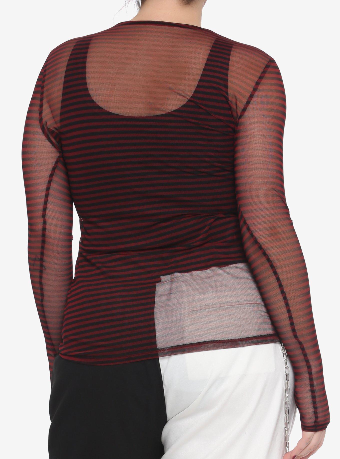 Black & Red Stripe Mesh Girls Long-Sleeve Top Plus Size, BLACK, alternate