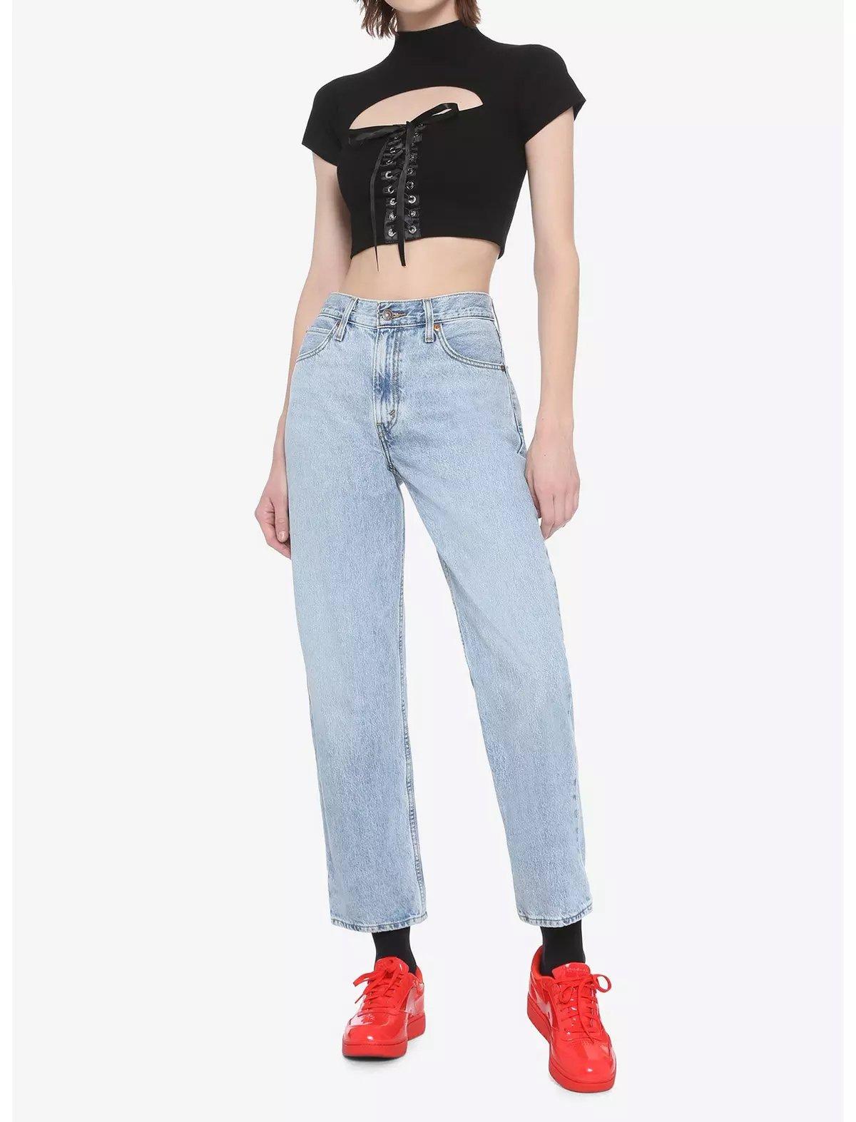 Black Lace-Up Cutout Mock Neck Girls Crop Top, , hi-res