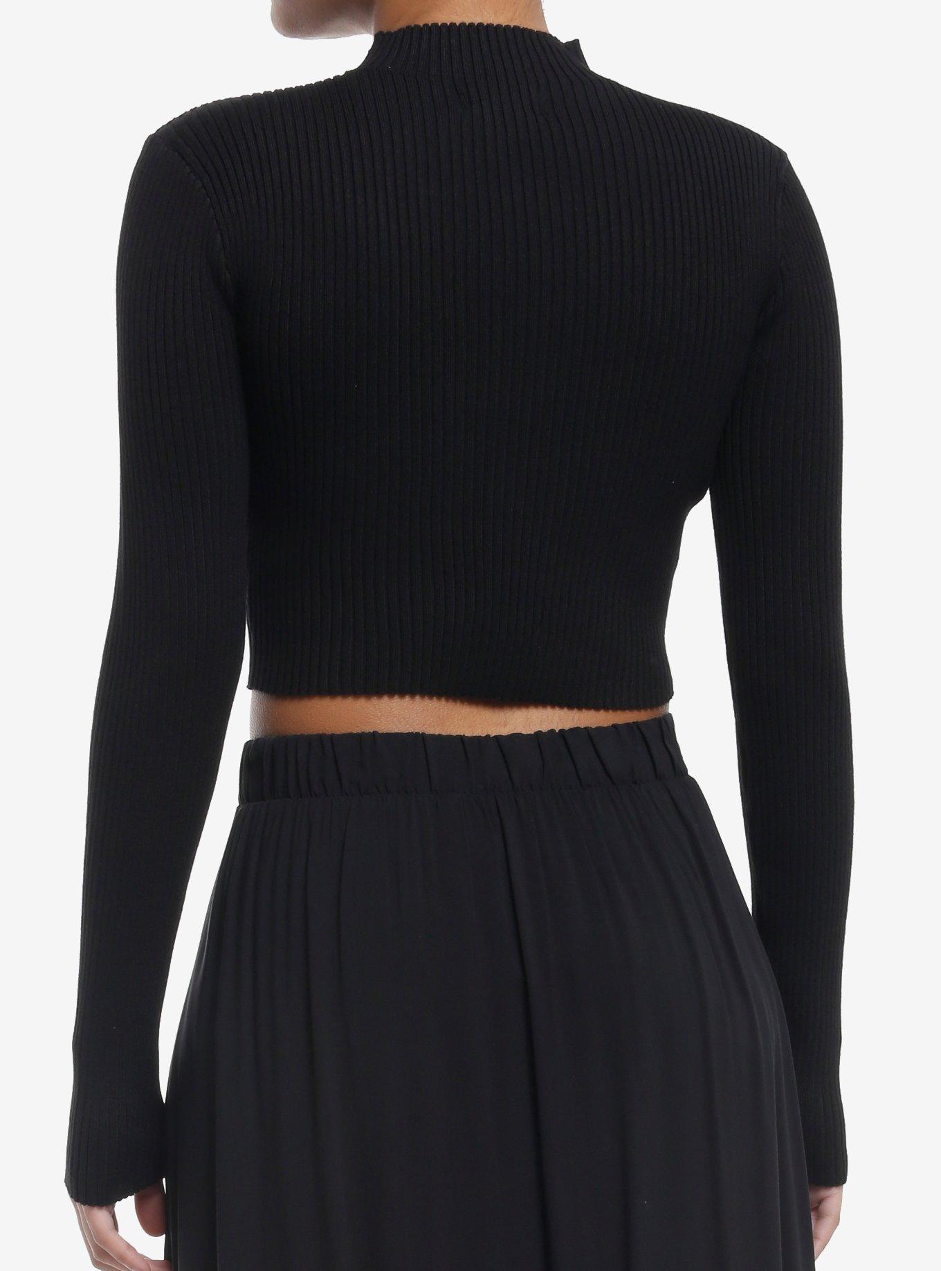 Cosmic Aura Black Lace-Up Mock Neck Girls Crop Long-Sleeve Top, BLACK, alternate