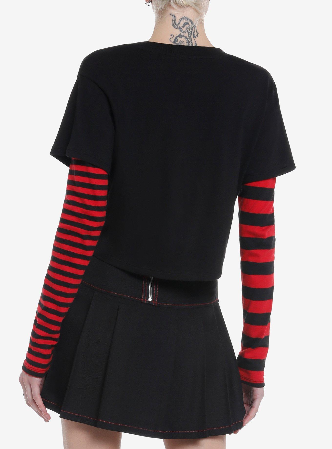 Social Collision Twisted Rabbit Stripe Girls Twofer Long-Sleeve T-Shirt, RED, alternate