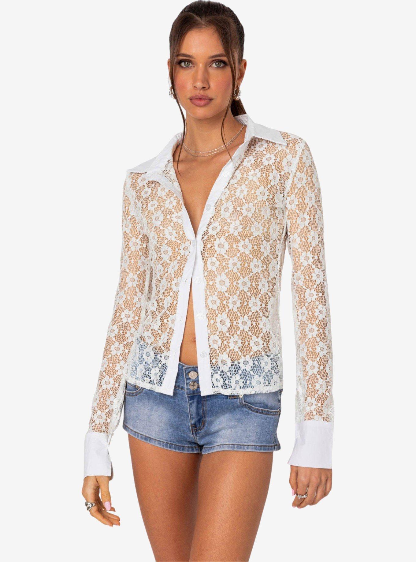 Edikted Cecilia Sheer Lace Button Up Shirt, BRIGHT WHITE, alternate
