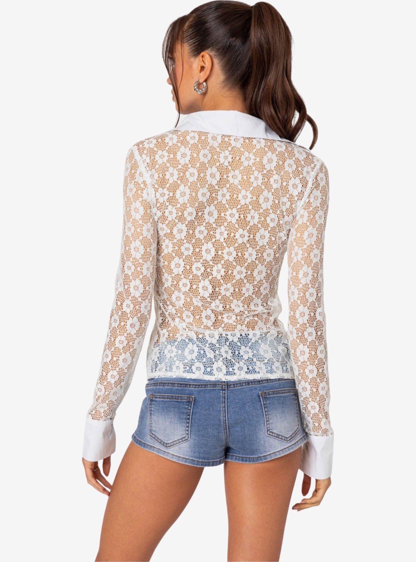 Edikted Cecilia Sheer Lace Button Up Shirt, BRIGHT WHITE, alternate