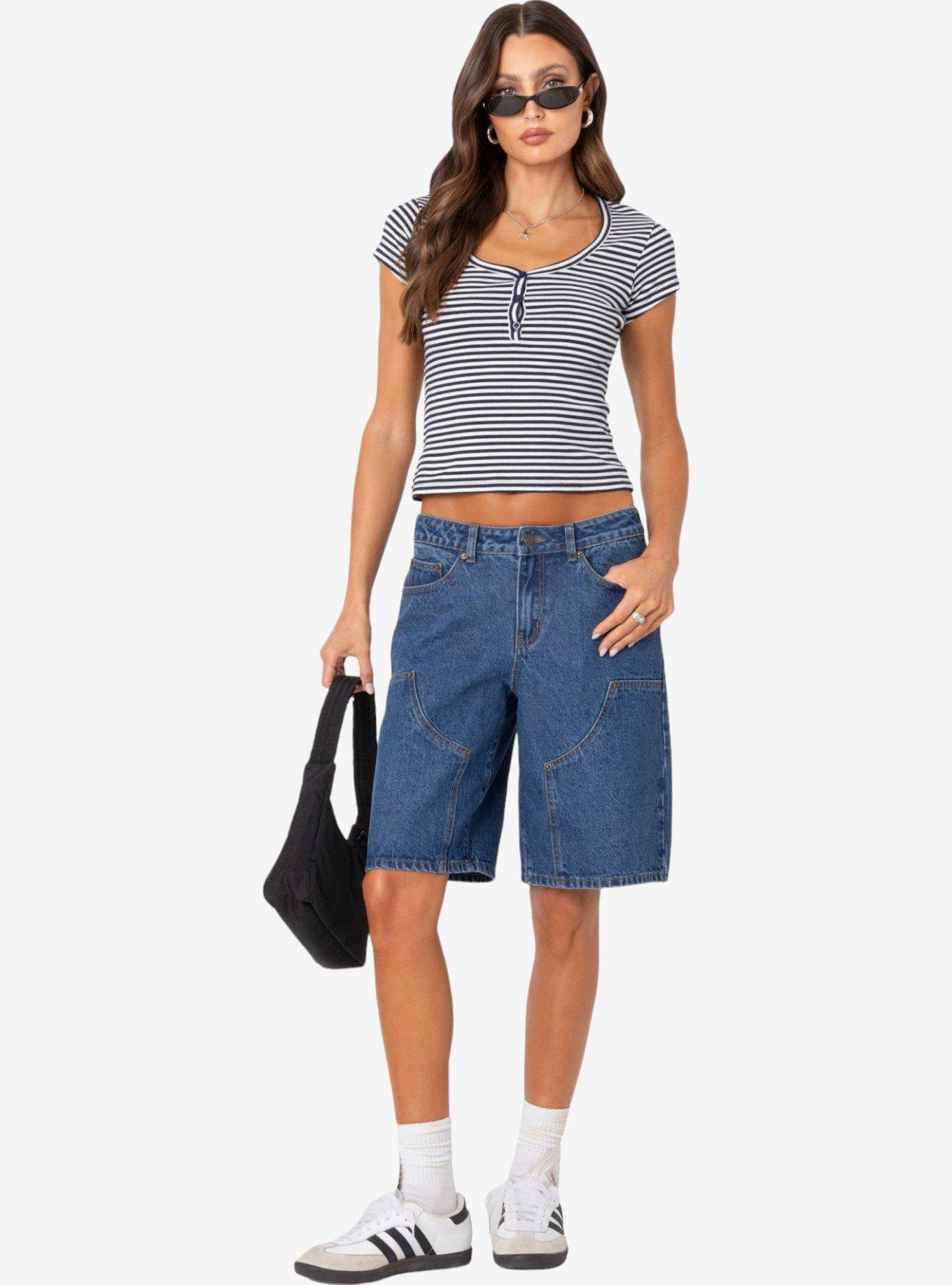Edikted Kady Striped Henley T Shirt, BLUE, alternate