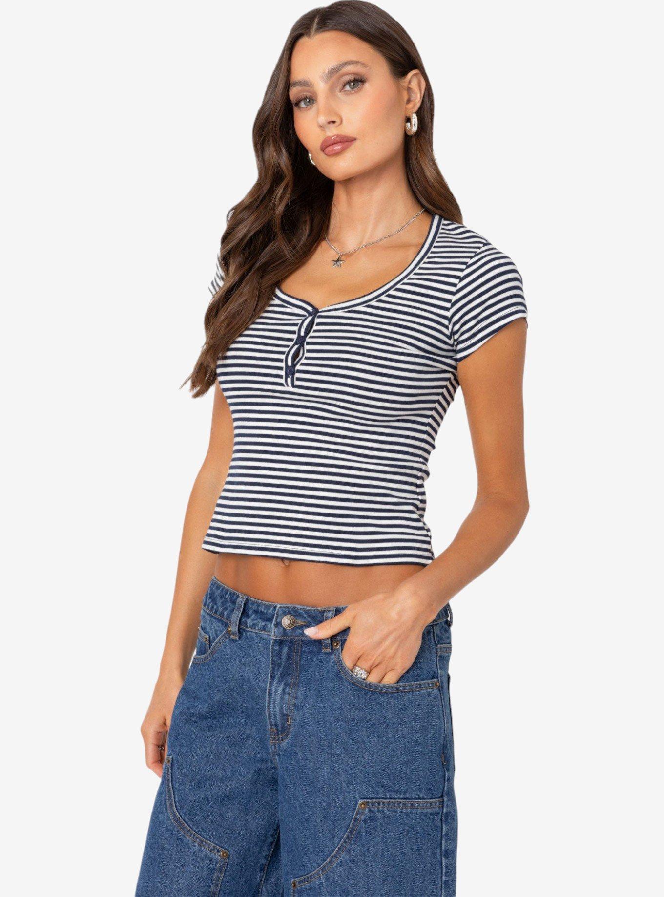 Edikted Kady Striped Henley T Shirt, BLUE, alternate