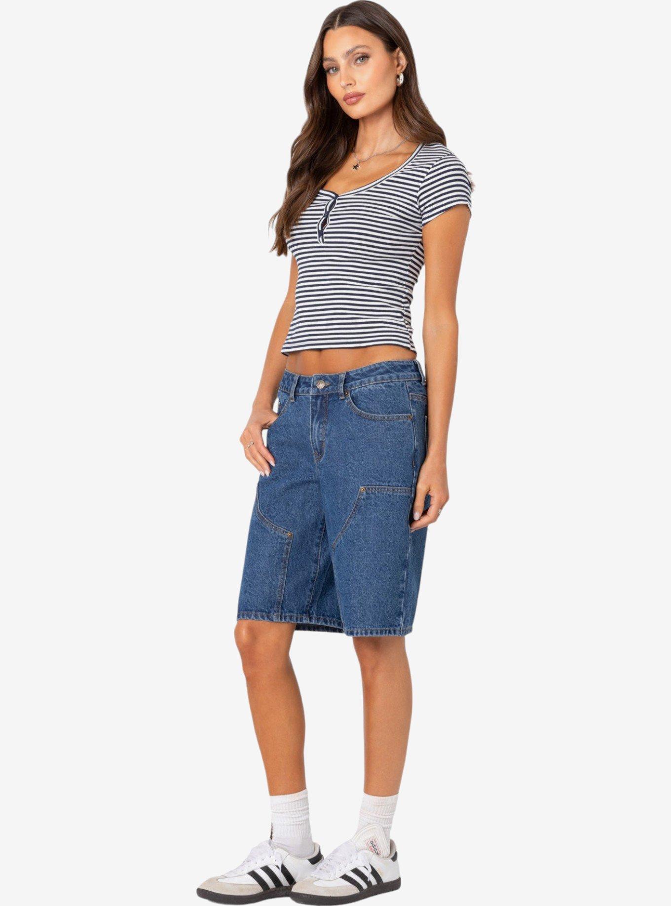 Edikted Kady Striped Henley T Shirt, BLUE, alternate