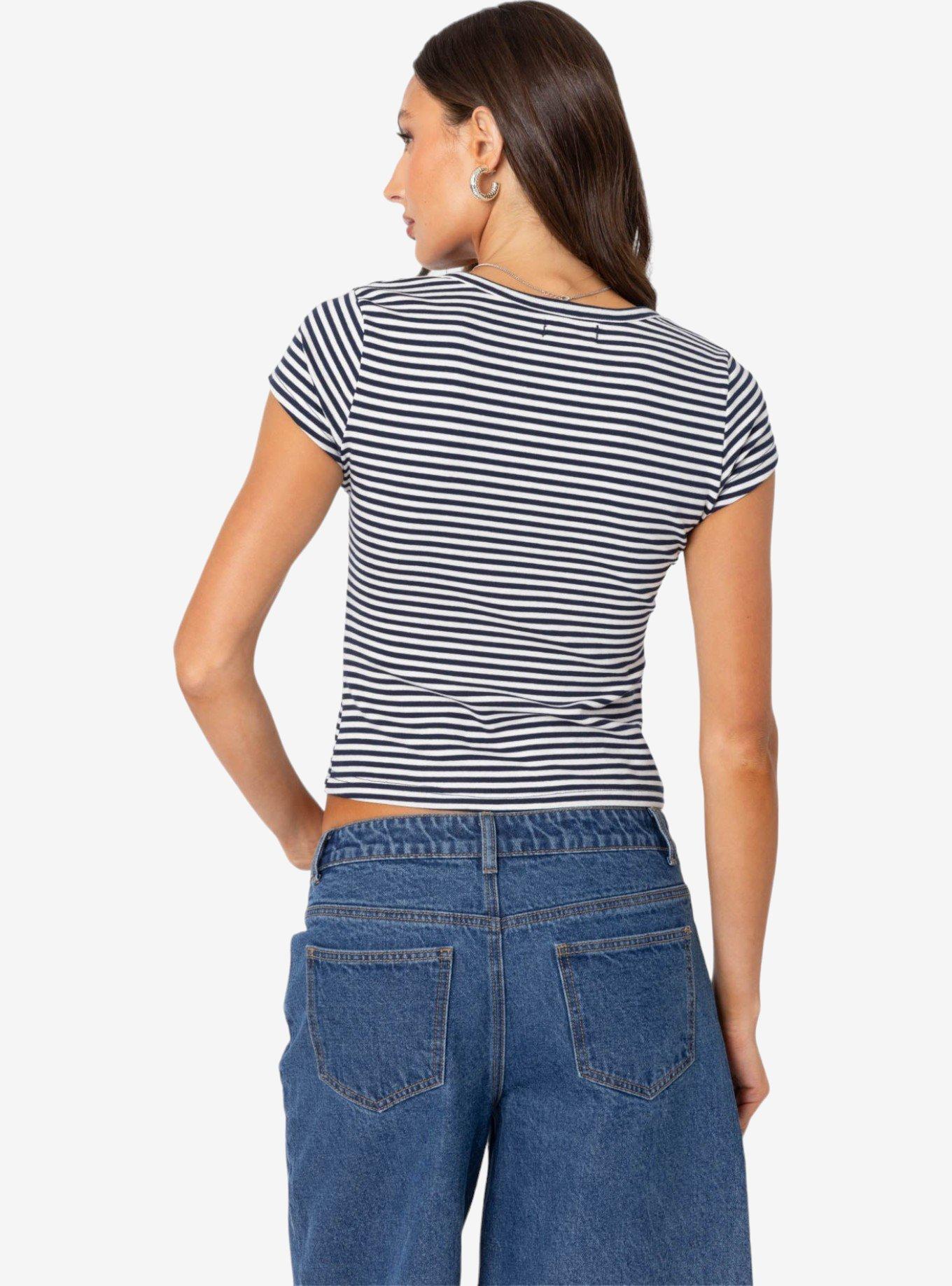 Edikted Kady Striped Henley T Shirt, BLUE, alternate