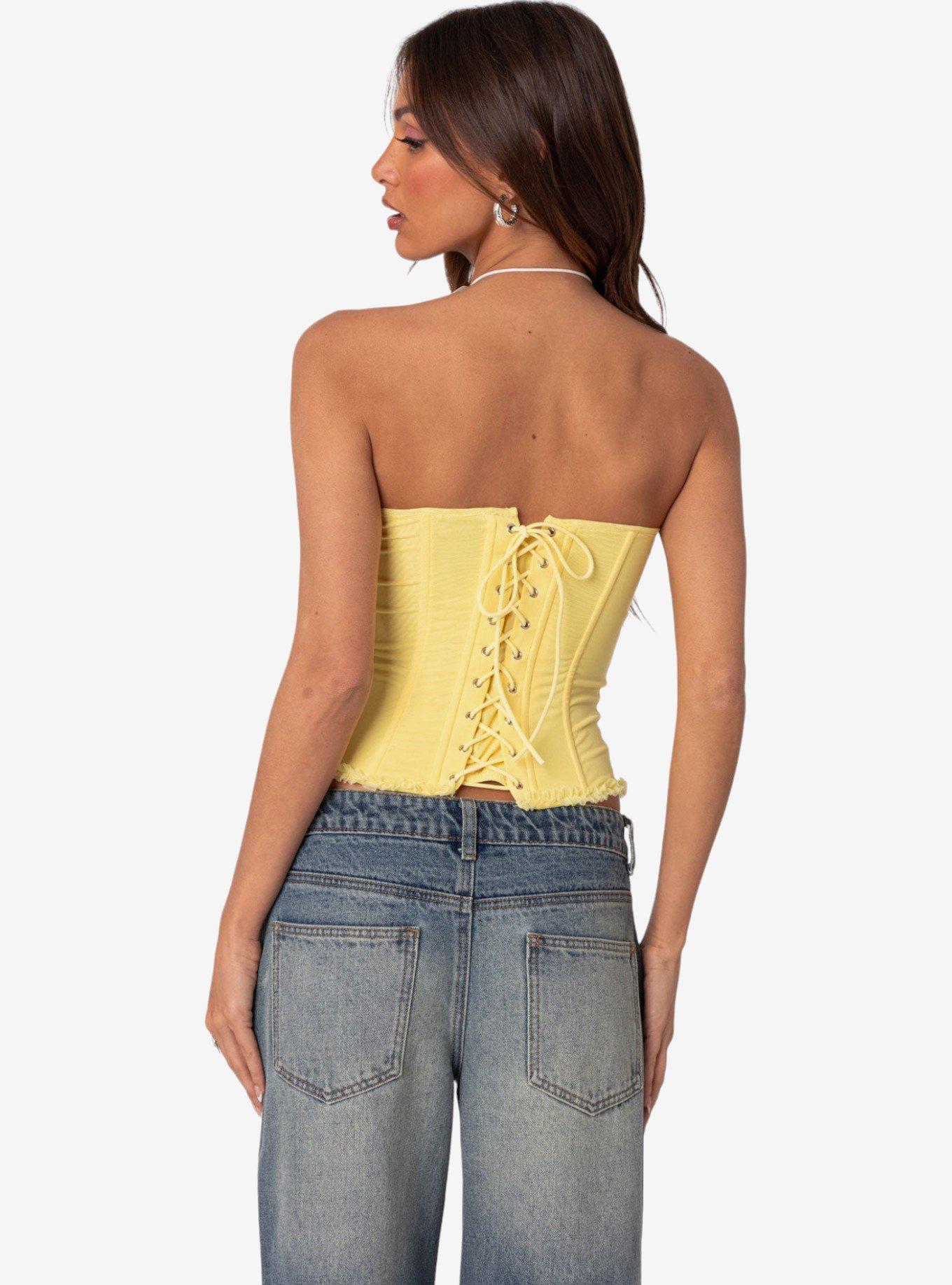 Edikted Deirdre Mesh Lace Up Corset, BRIGHT YELLOW, alternate