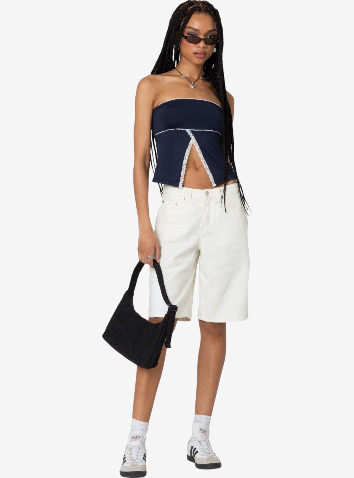 Edikted Lace Trim Split Front Tube Top, BLUE, alternate