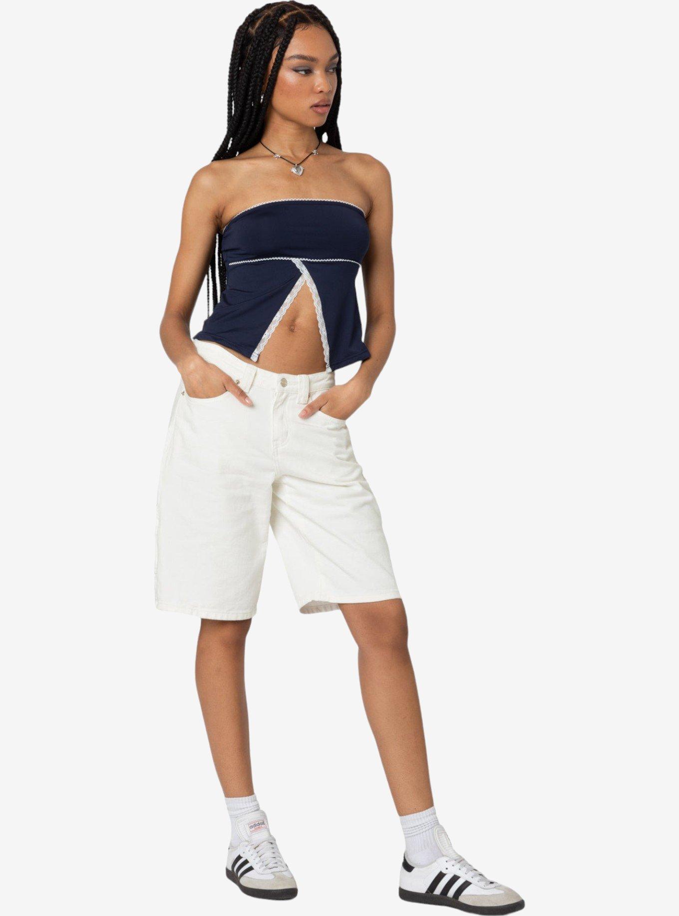 Edikted Lace Trim Split Front Tube Top, BLUE, alternate