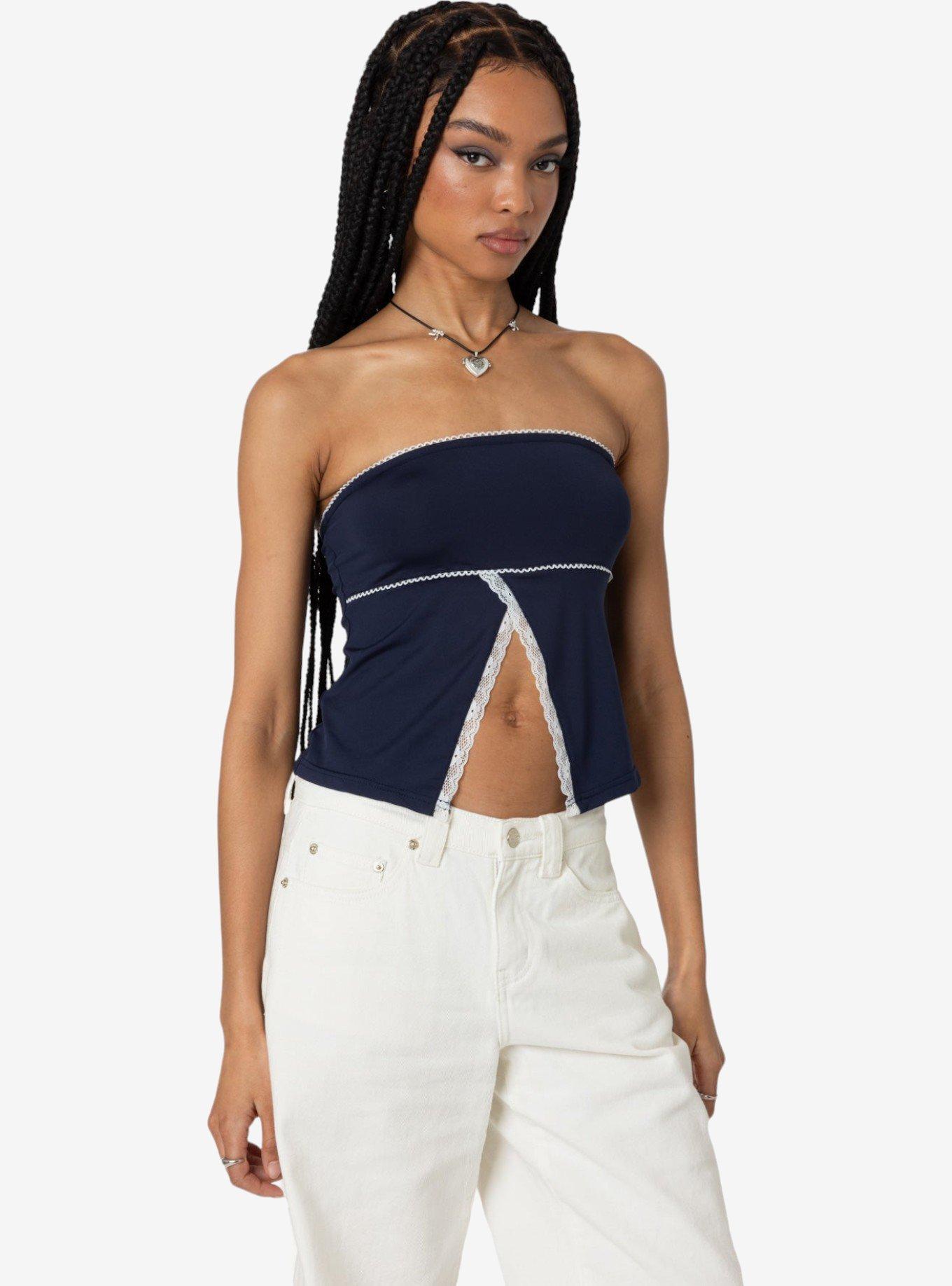 Edikted Lace Trim Split Front Tube Top, BLUE, alternate