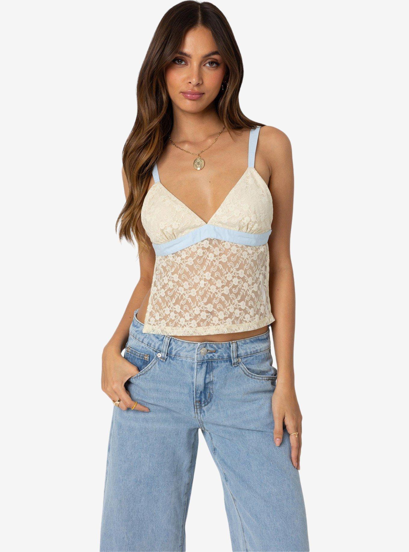 Edikted Sheer Lace Open Back Tank Top, IVORY, alternate