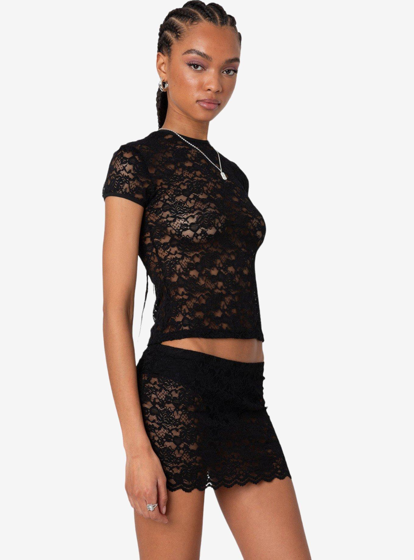 Edikted Kaori Sheer Lace T Shirt, BLACK, alternate