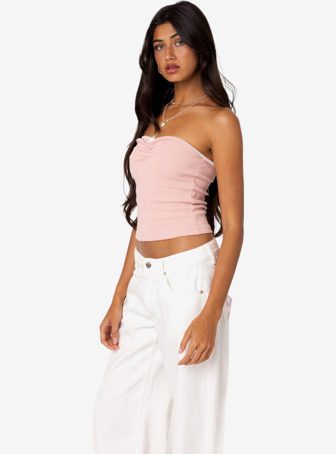 Edikted Kacey Strapless Waffle Top, PINK, alternate