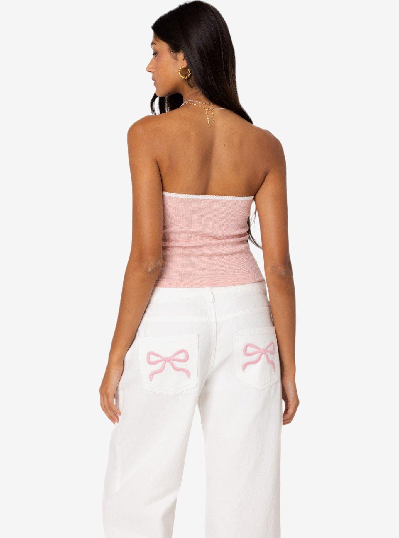 Edikted Kacey Strapless Waffle Top, PINK, alternate