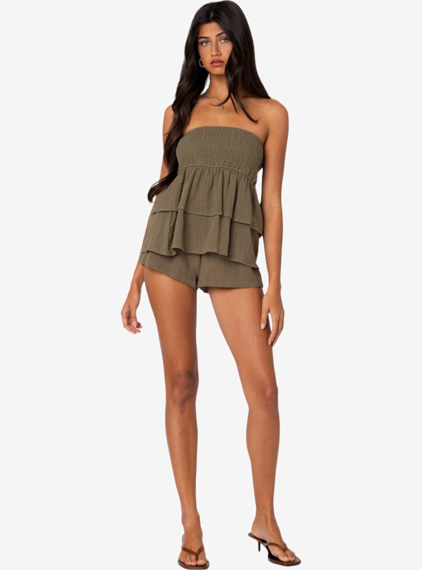 Edikted Harleigh Ruffled Linen Look Tube Top, OLIVE, alternate
