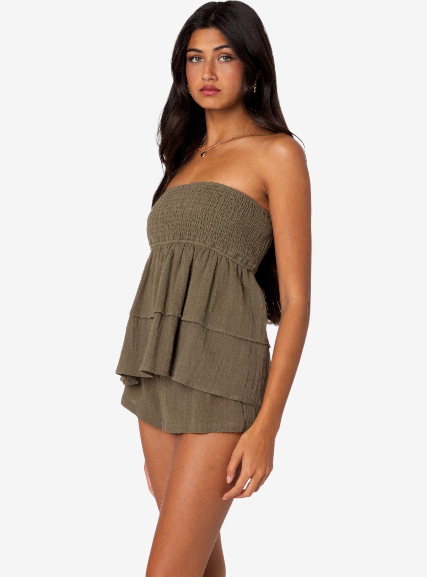 Edikted Harleigh Ruffled Linen Look Tube Top, OLIVE, alternate