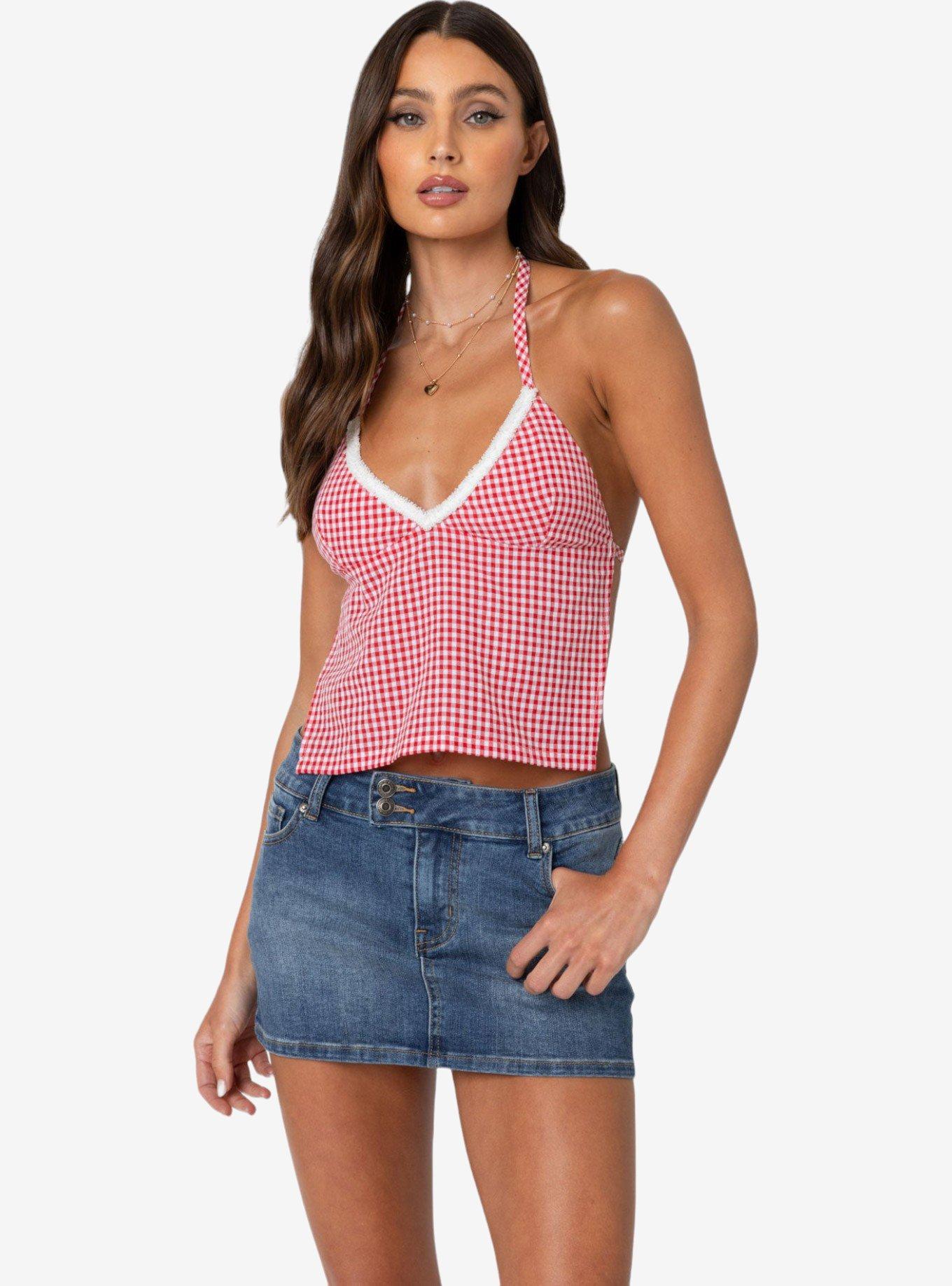 Edikted Charmaine Open Back Gingham Top, RED, alternate