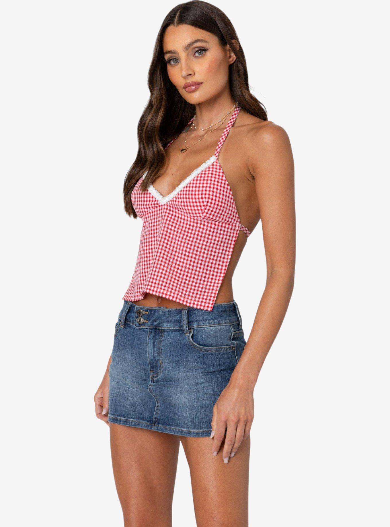 Edikted Charmaine Open Back Gingham Top, RED, alternate