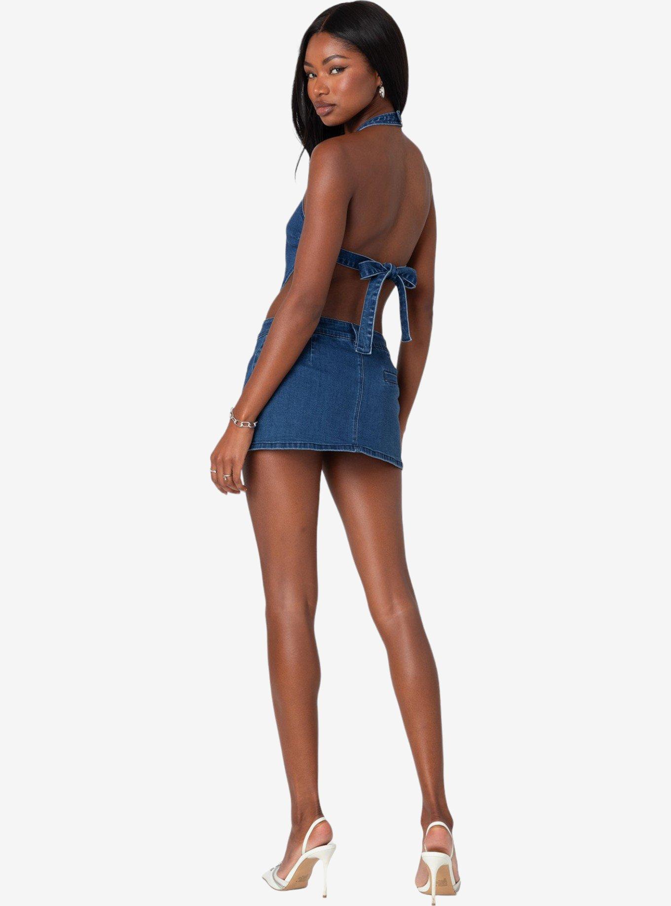 Edikted Sydnie Denim Open Back Top, BLUE, alternate