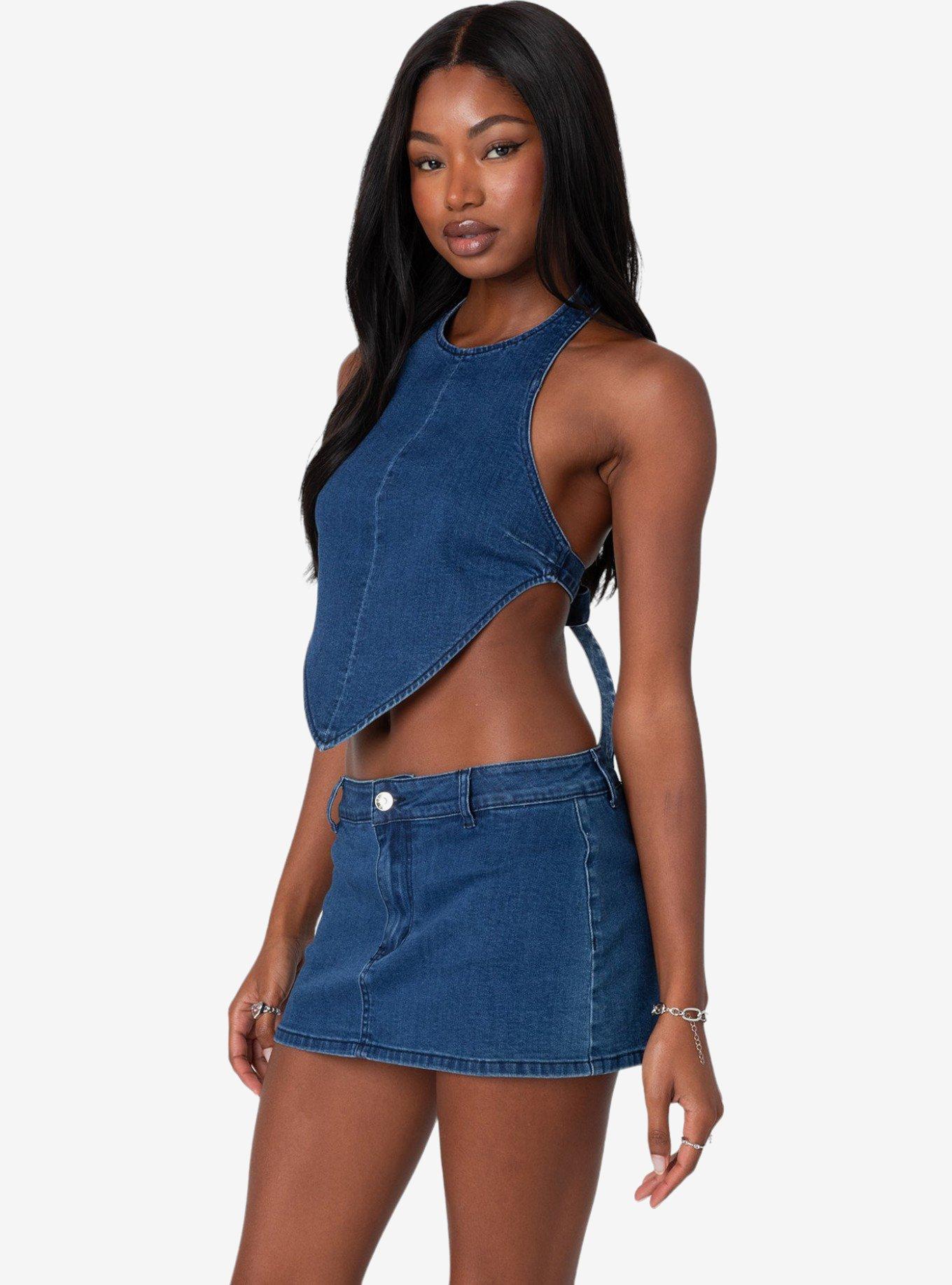 Edikted Sydnie Denim Open Back Top, BLUE, alternate