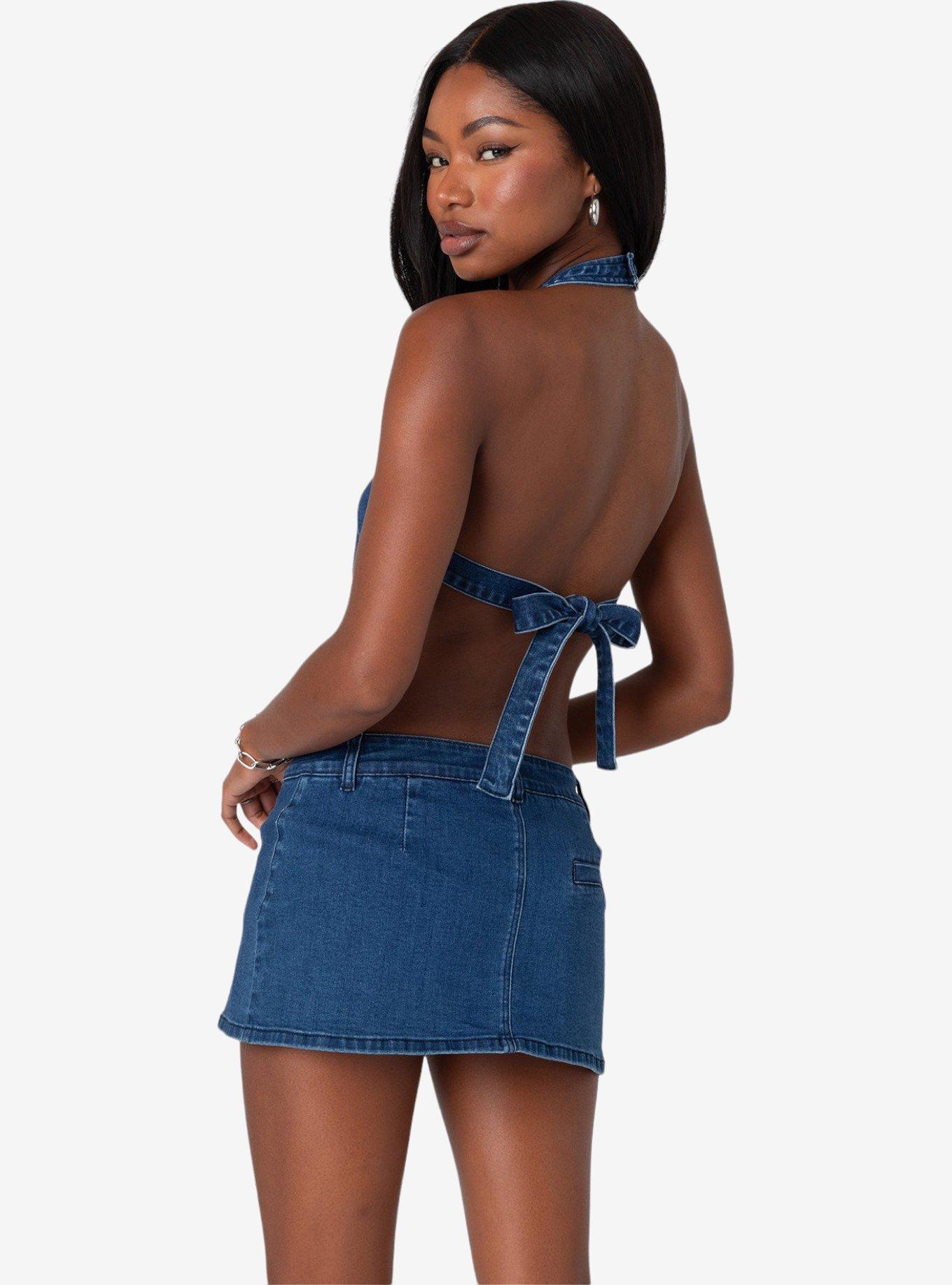 Edikted Sydnie Denim Open Back Top, BLUE, alternate