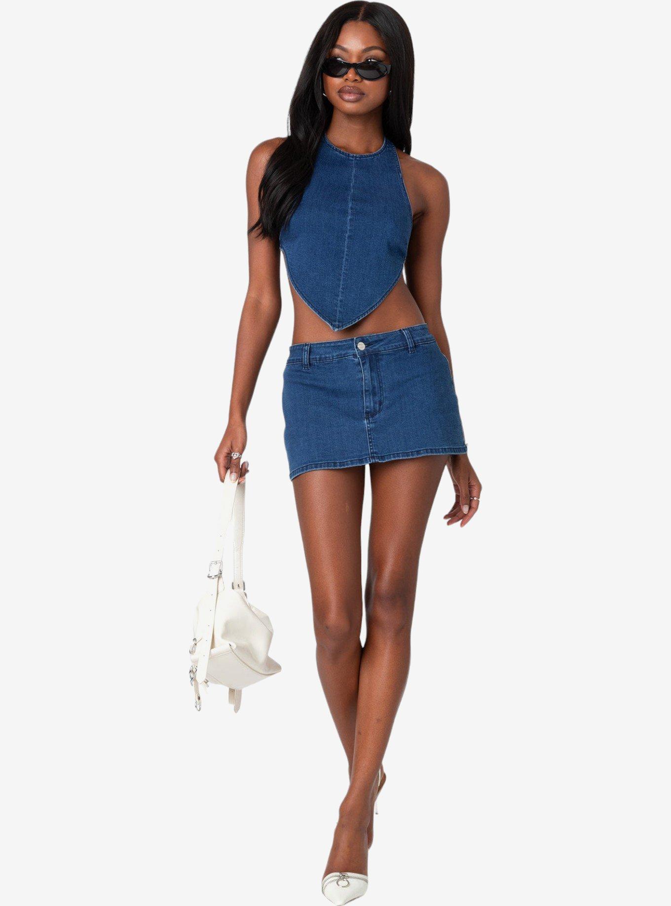 Edikted Sydnie Denim Open Back Top, BLUE, alternate