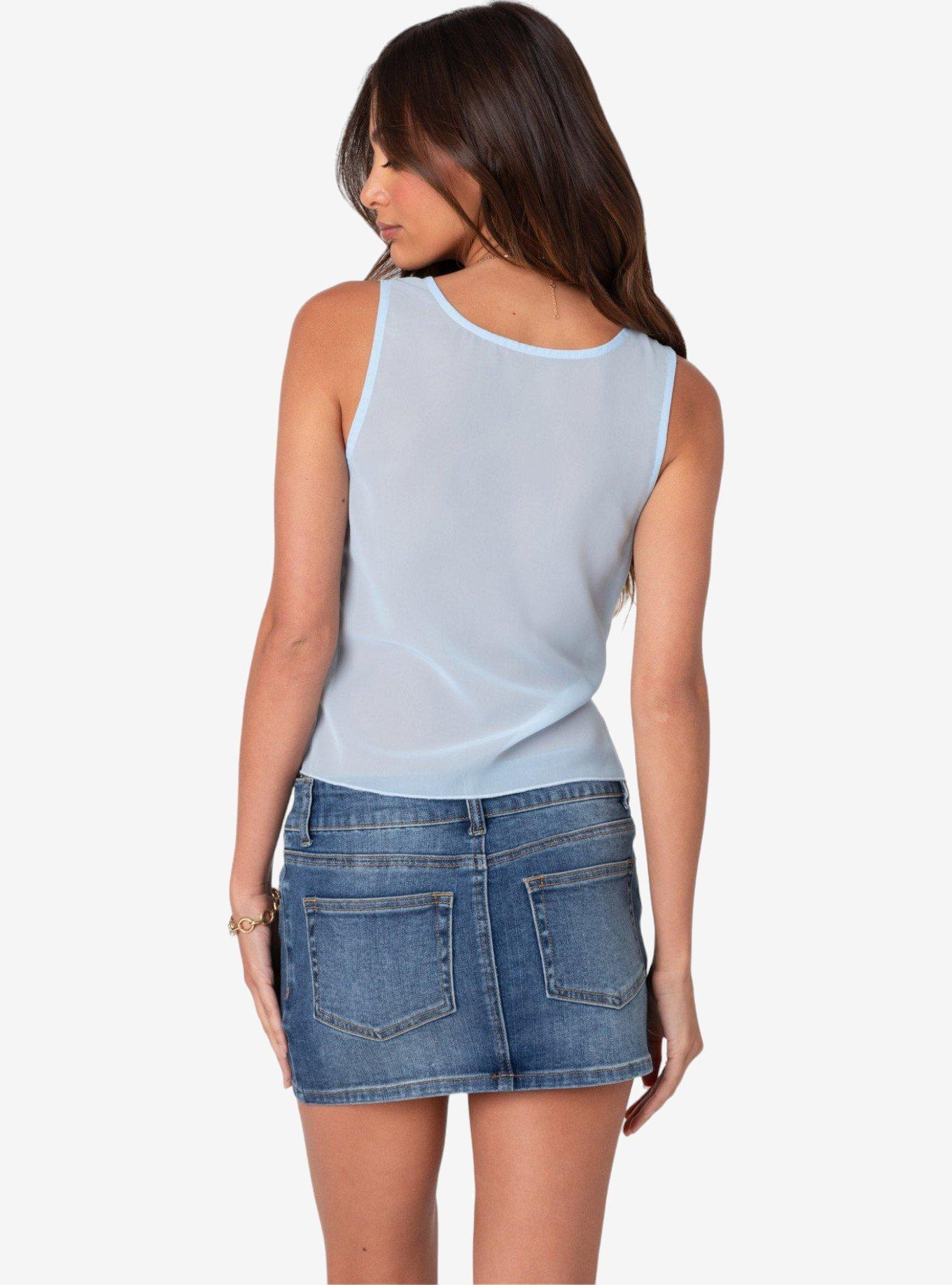 Edikted Chiffon And Lace Sheer Asymmetric Top, BLUE, alternate