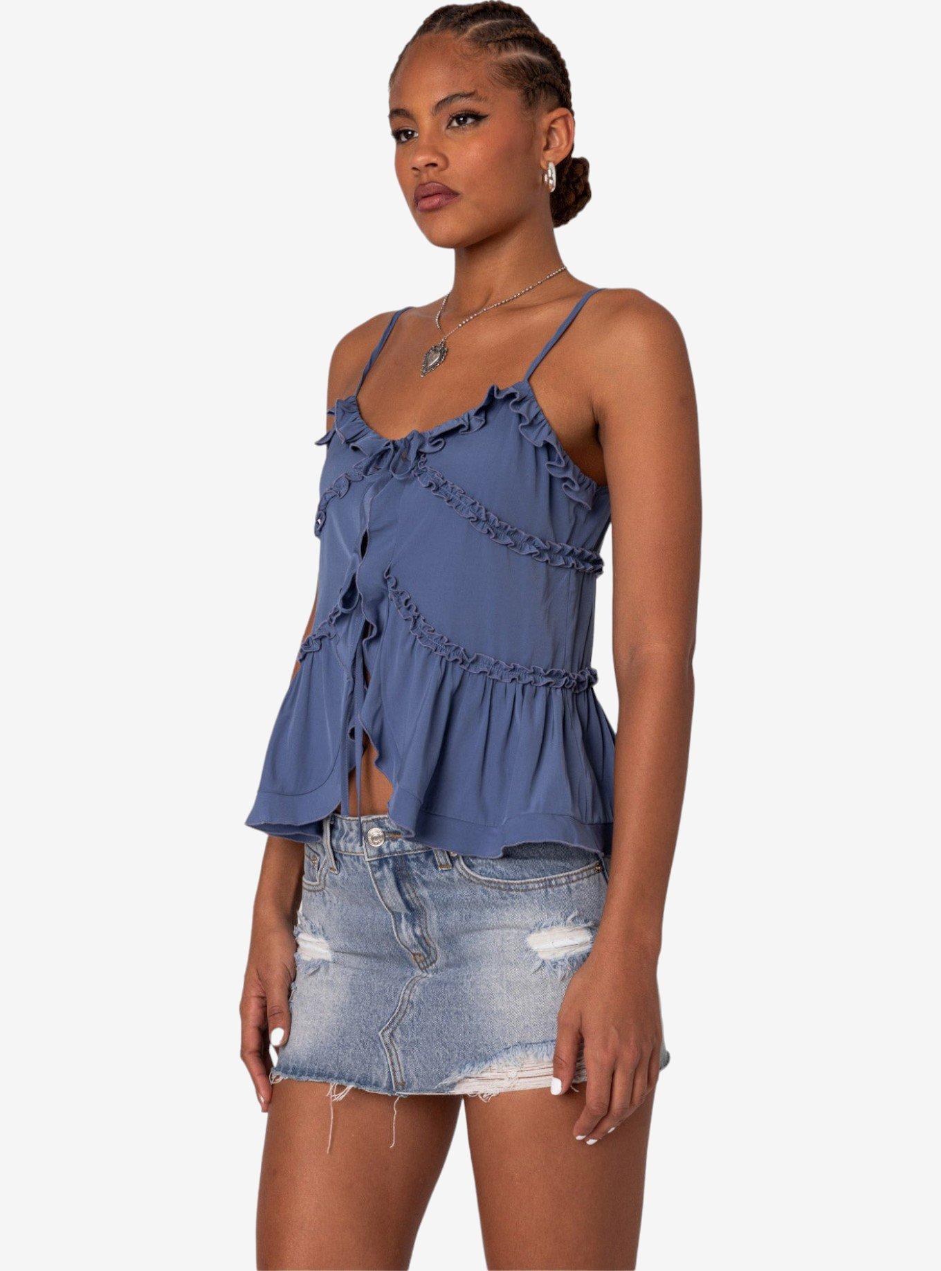 Edikted Juniper Tie Front Ruffled Top, BLUE, alternate