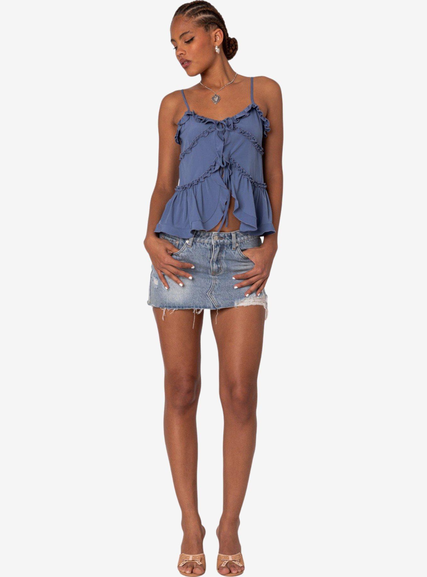 Edikted Juniper Tie Front Ruffled Top, BLUE, alternate