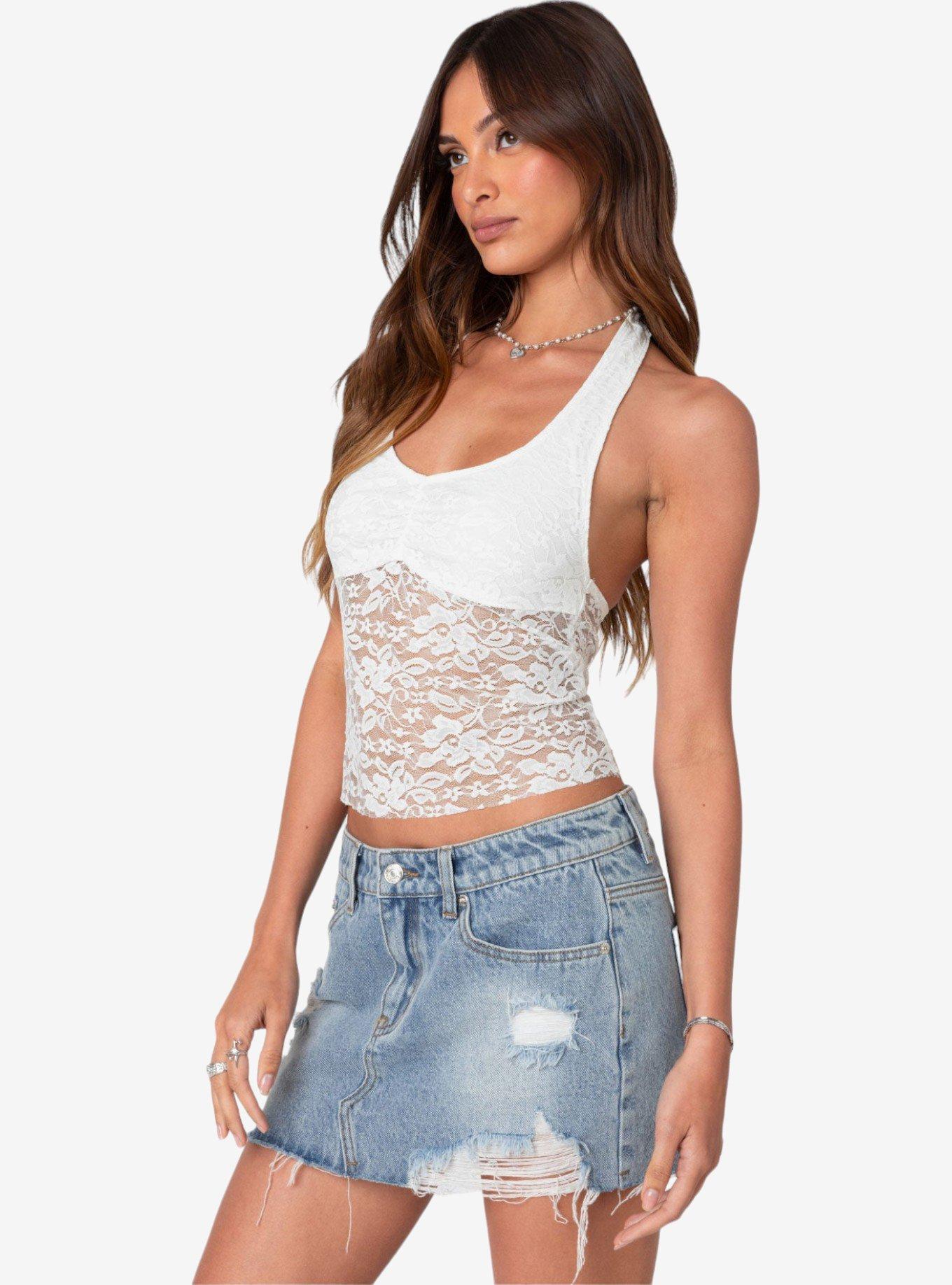Edikted Tia Sheer Lace Halter Top, BRIGHT WHITE, alternate