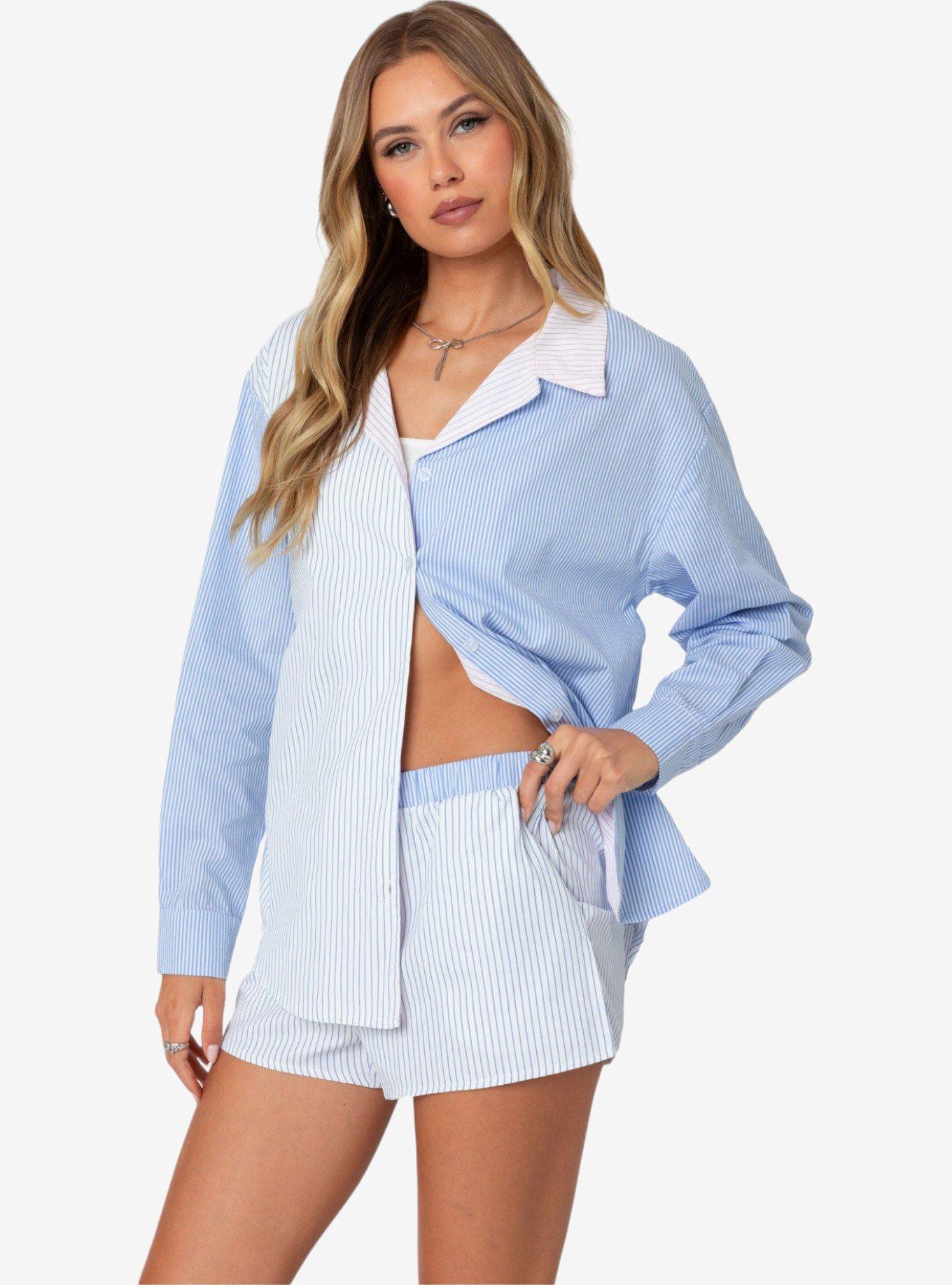 Edikted Oaklie Mix Striped Button Up Shirt, BLUE, alternate