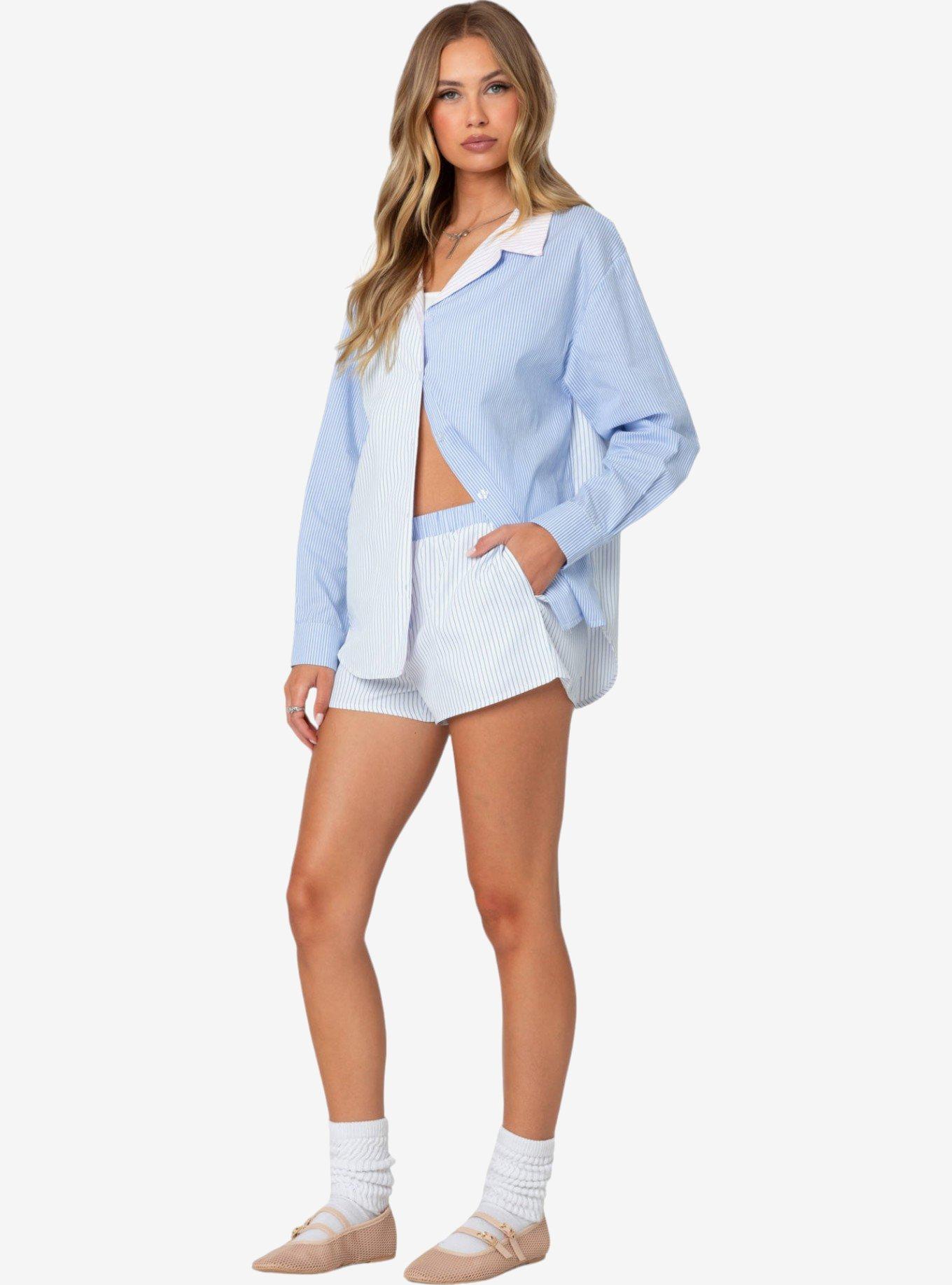 Edikted Oaklie Mix Striped Button Up Shirt, BLUE, alternate