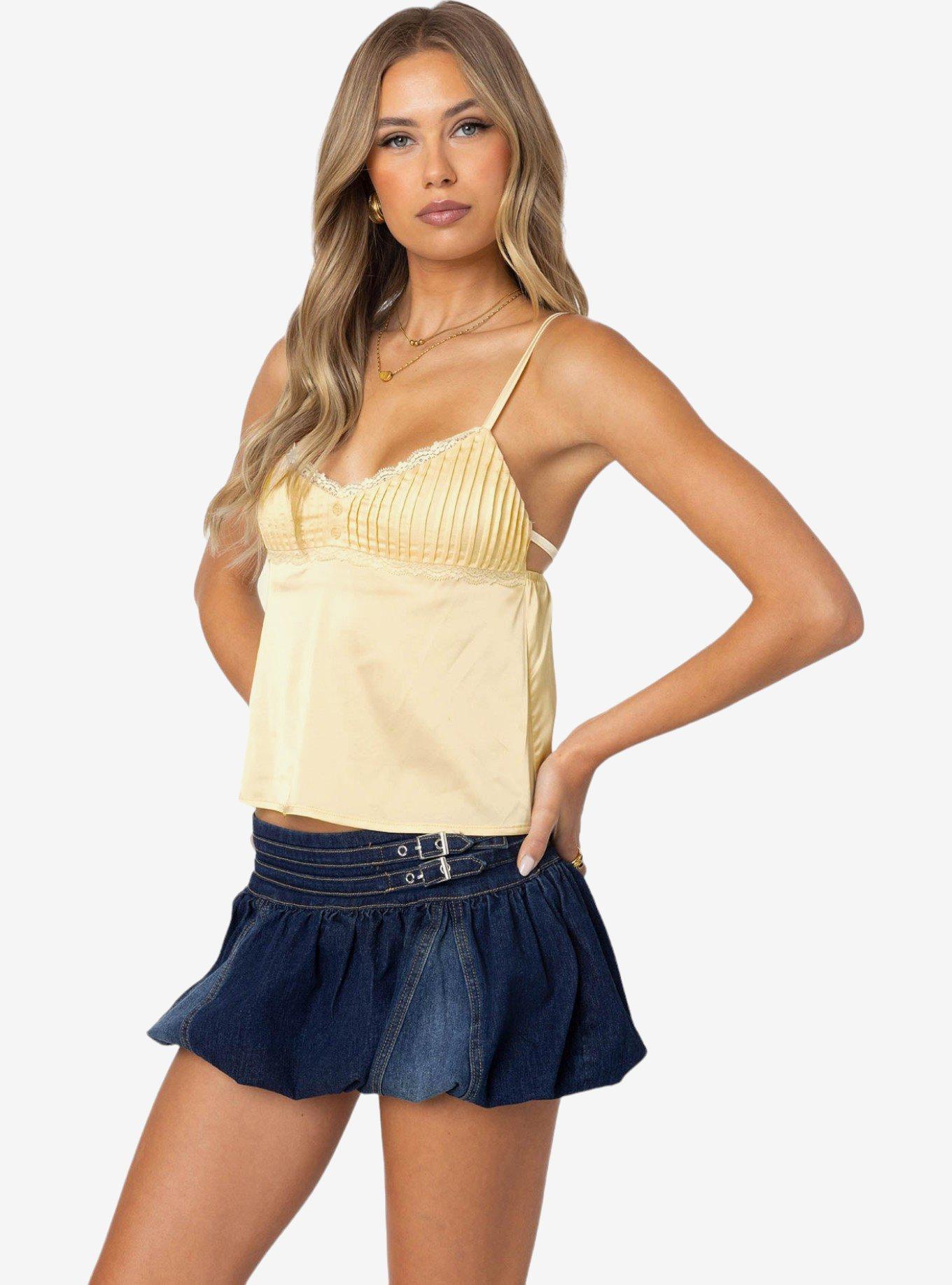 Edikted Blanca Satin Lace Trim Tank Top, BRIGHT YELLOW, alternate