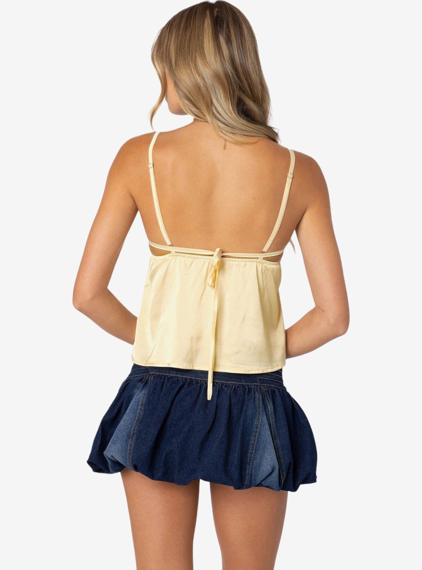 Edikted Blanca Satin Lace Trim Tank Top, BRIGHT YELLOW, alternate