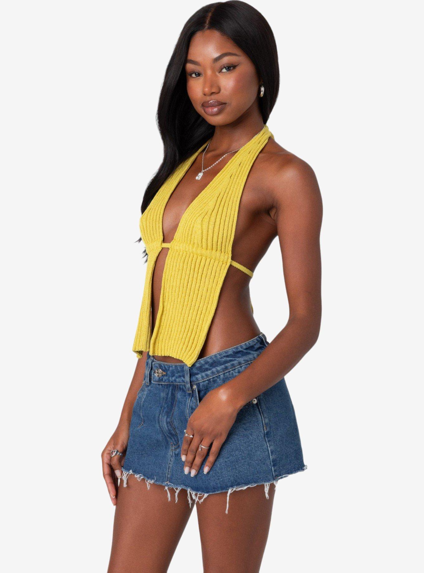 Edikted Caraway Ribbed Knit Split Front Top, GREEN, alternate