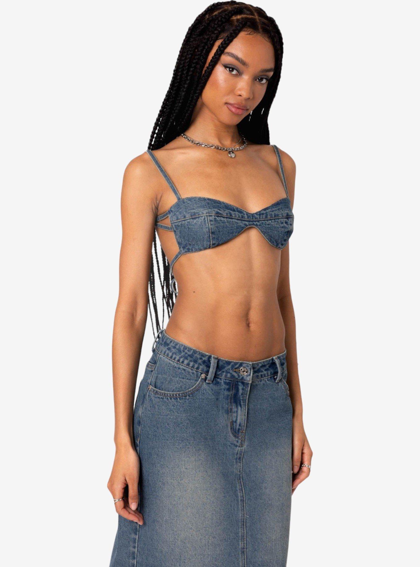 Edikted Lassy Washed Denim Bralette, BLUE, alternate