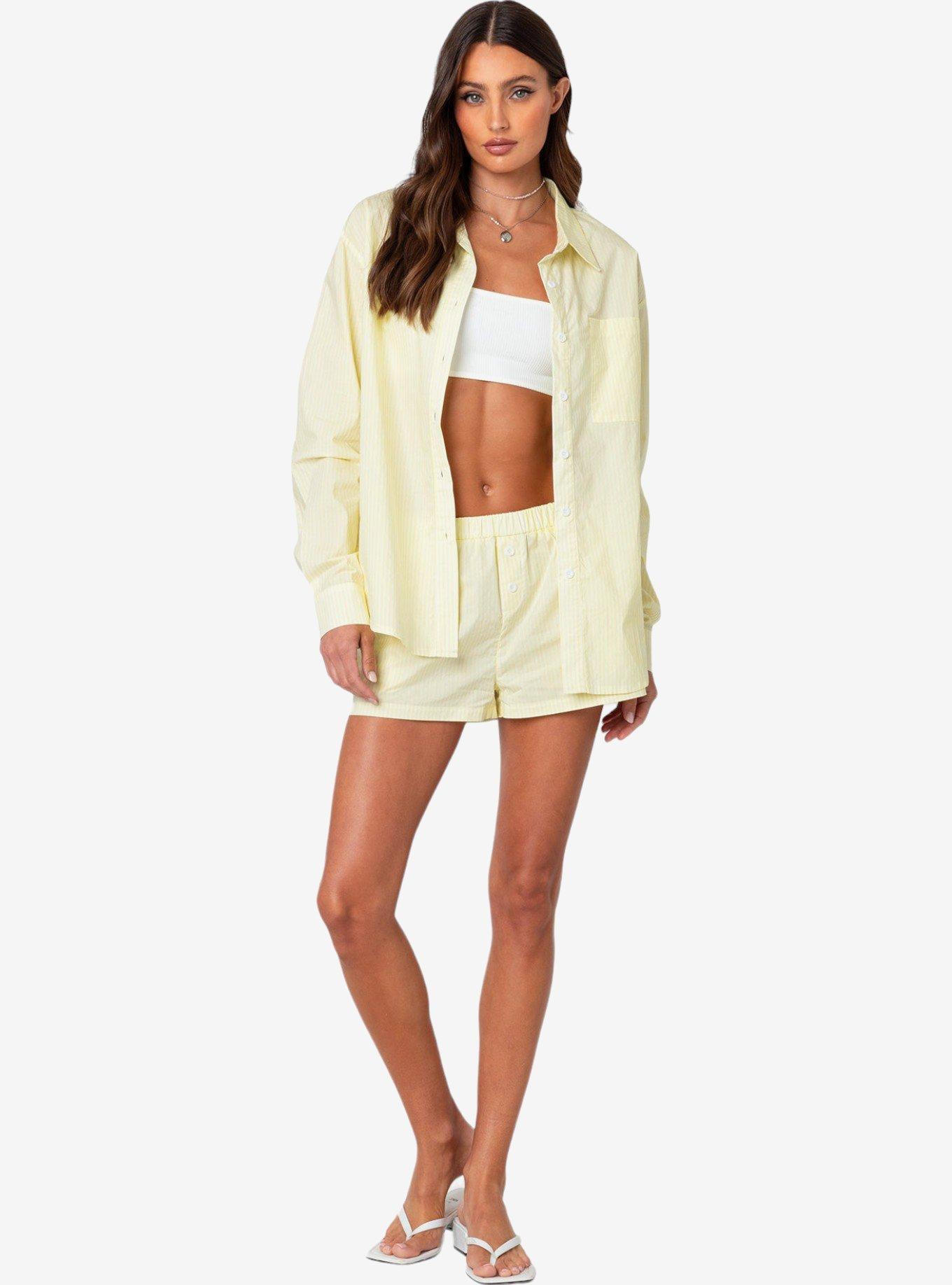 Edikted Oversized Pinstripe Button Up Shirt, BRIGHT YELLOW, alternate
