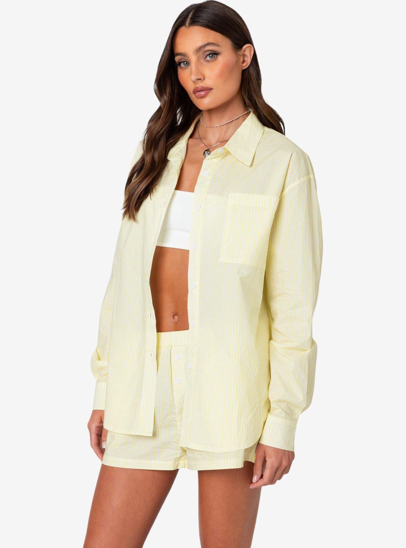 Edikted Oversized Pinstripe Button Up Shirt, BRIGHT YELLOW, alternate