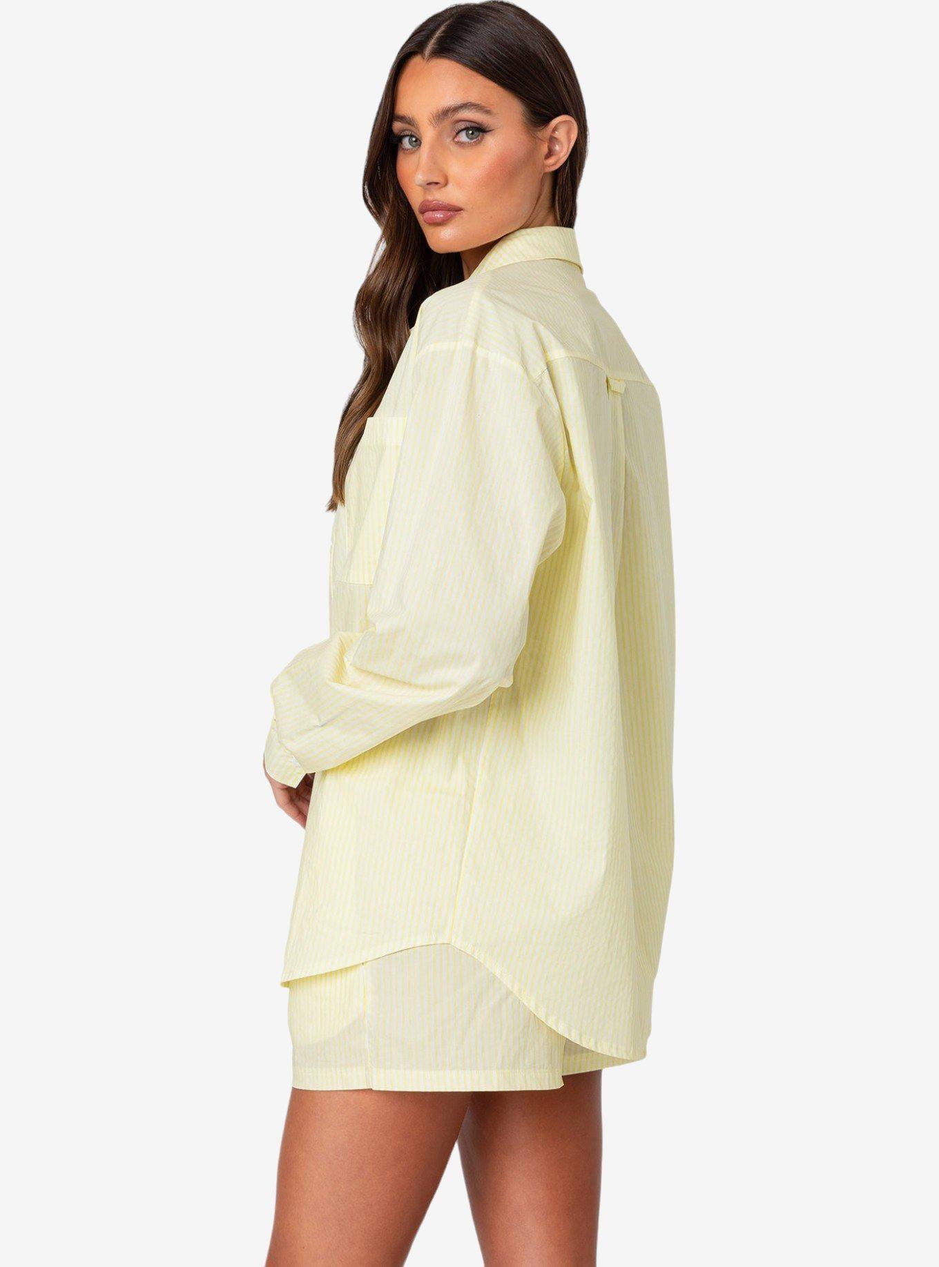 Edikted Oversized Pinstripe Button Up Shirt, BRIGHT YELLOW, alternate
