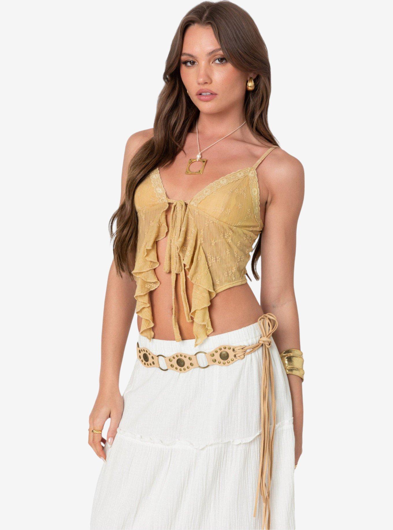 Edikted Yola Embroidered Tie Front Top, BEIGE, alternate