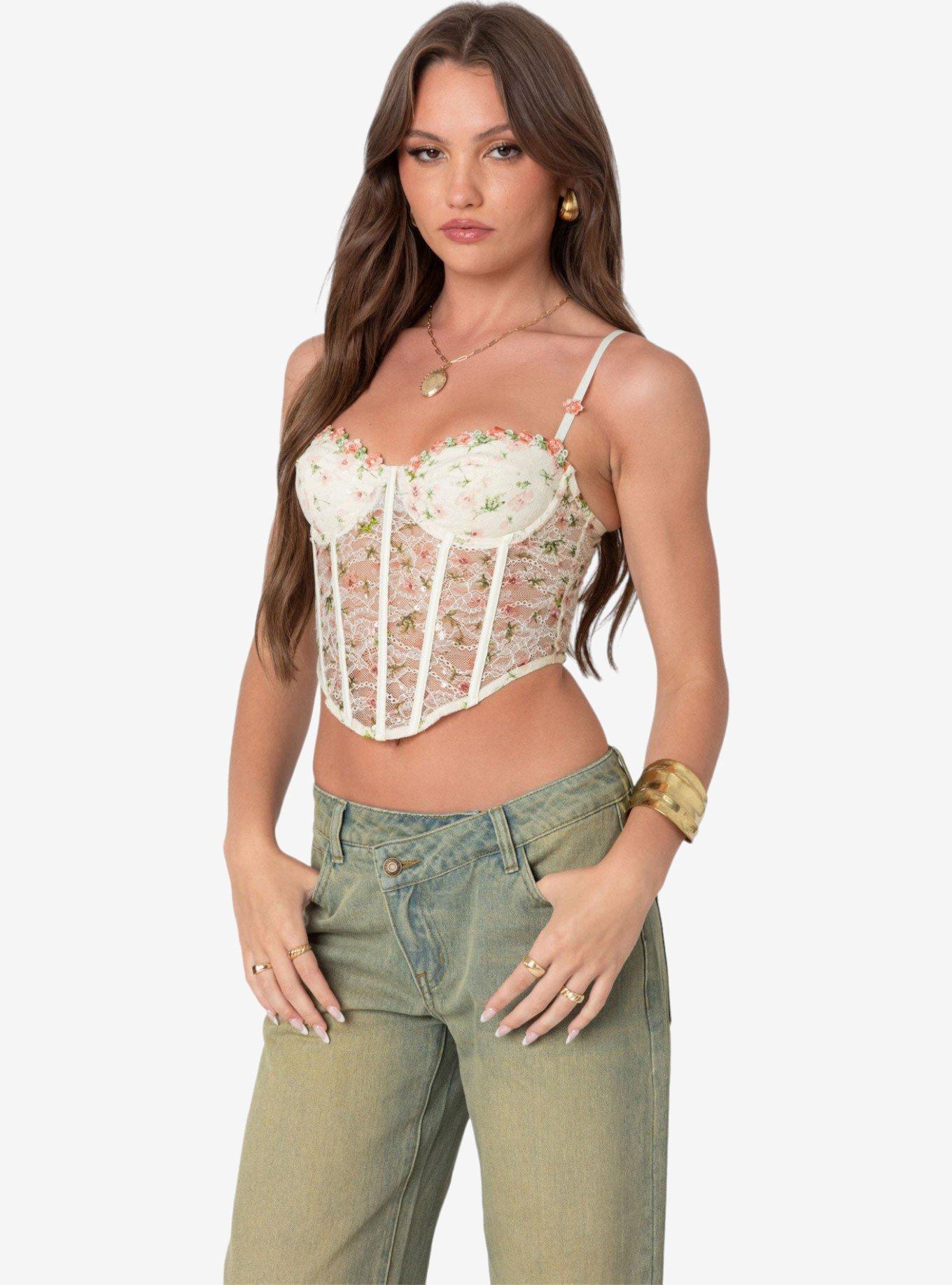 Edikted Embroidered Sheer Lace Corset, IVORY, alternate