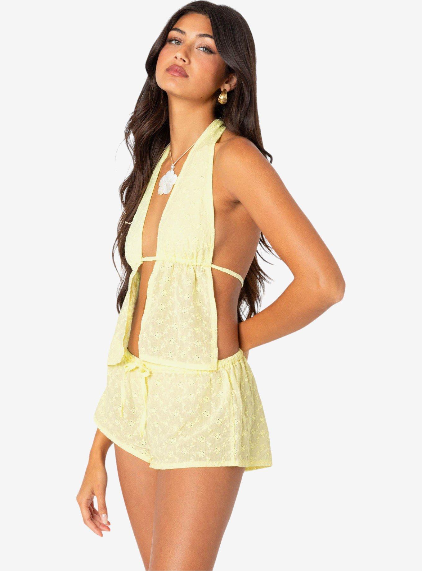 Edikted Cayenne Eyelet Split Front Top, BRIGHT YELLOW, alternate