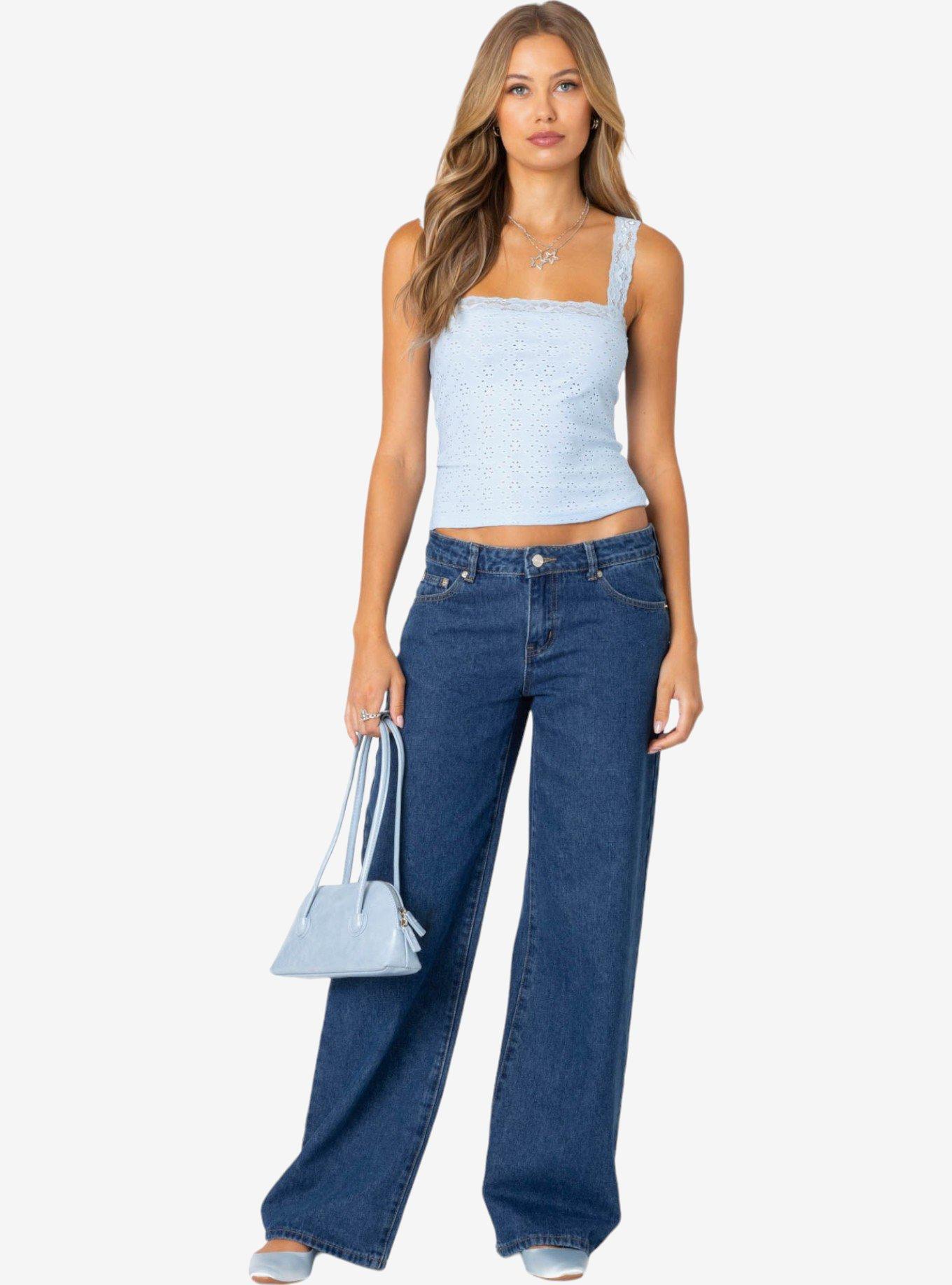 Edikted Virginia Lace Trim Eyelet Tank Top, BLUE, alternate