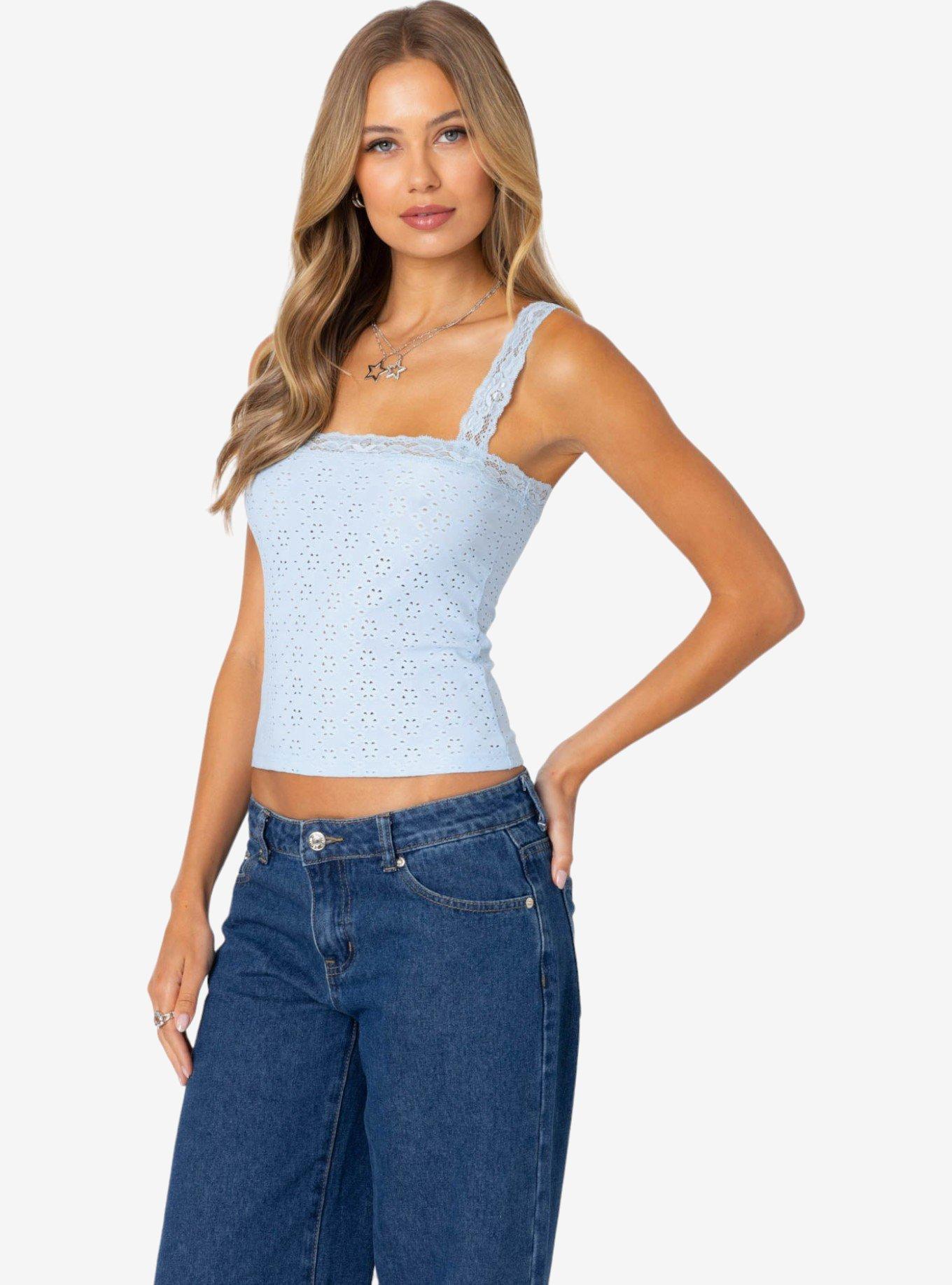 Edikted Virginia Lace Trim Eyelet Tank Top, BLUE, alternate