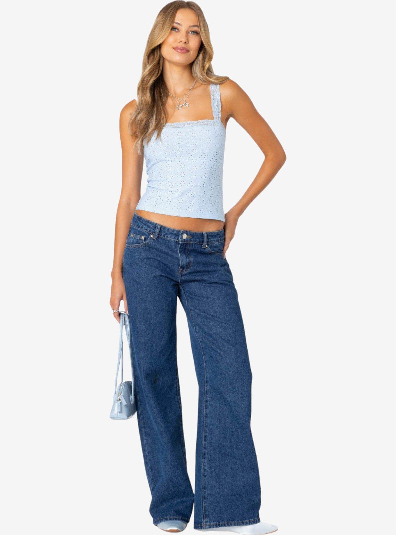 Edikted Virginia Lace Trim Eyelet Tank Top, BLUE, alternate