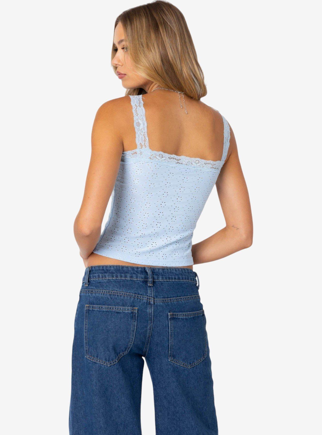 Edikted Virginia Lace Trim Eyelet Tank Top, BLUE, alternate