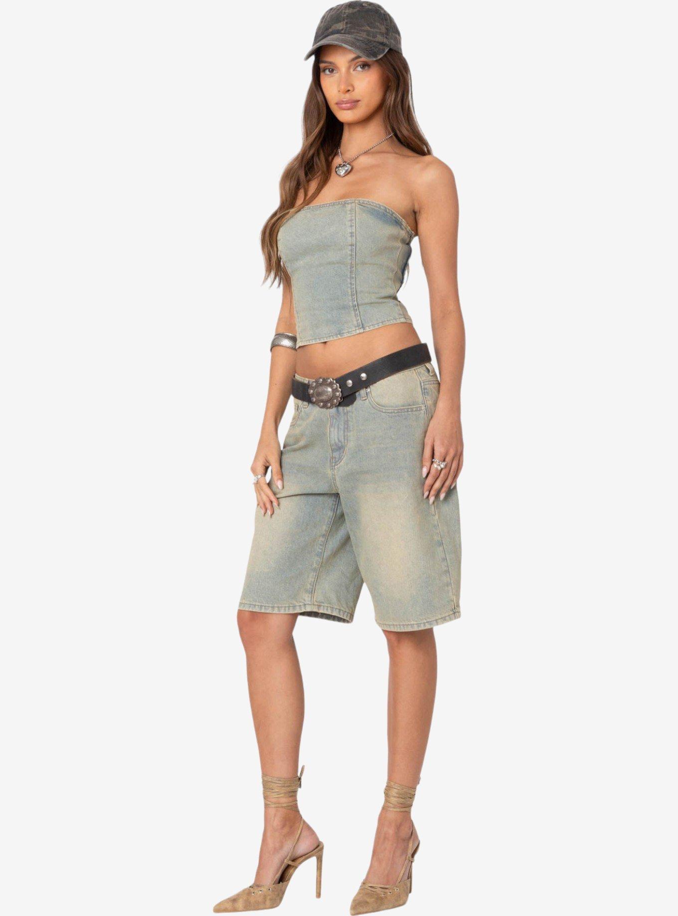 Edikted Shira Washed Denim Tube Top, BLUE, alternate