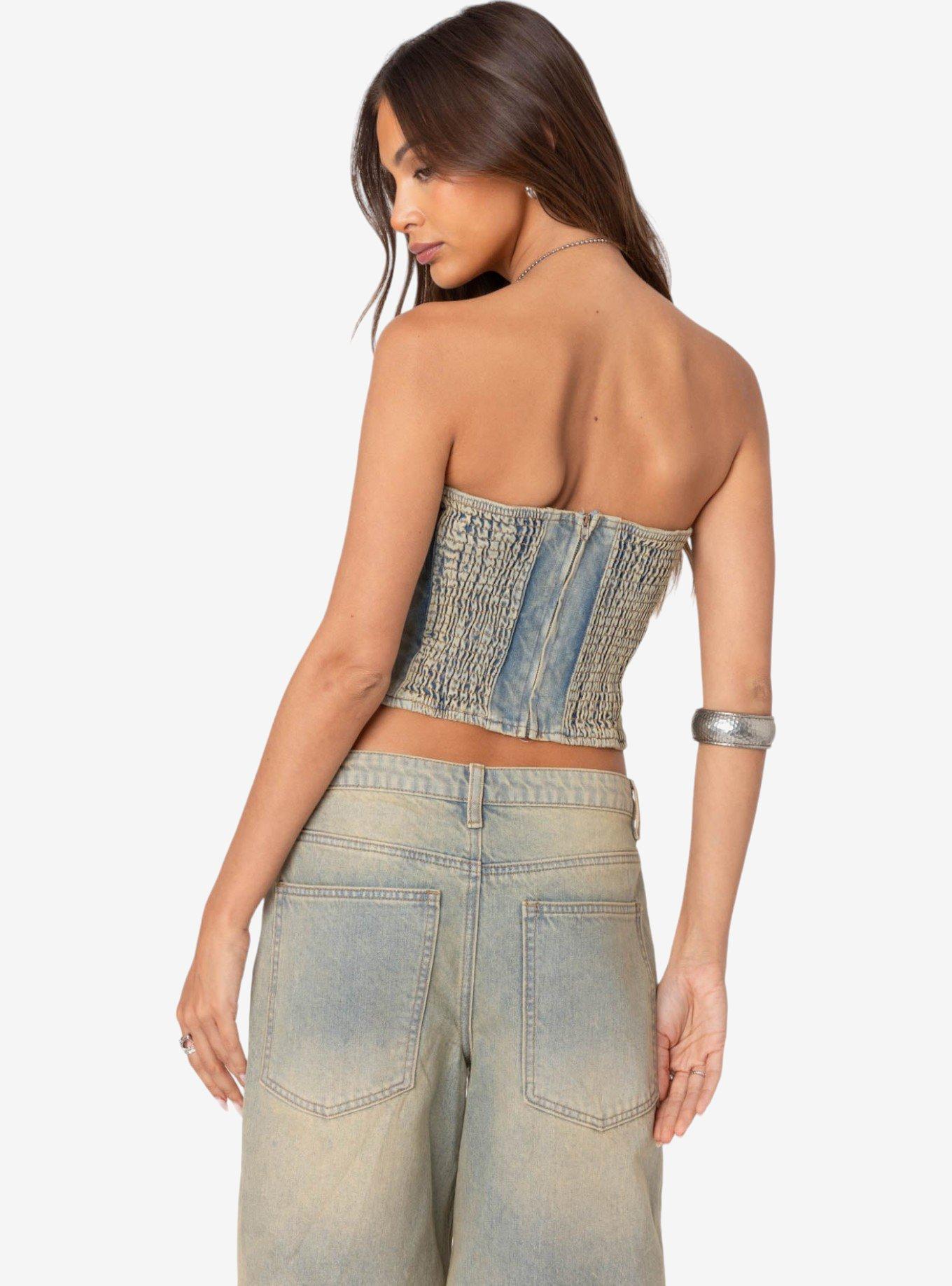 Edikted Shira Washed Denim Tube Top, BLUE, alternate