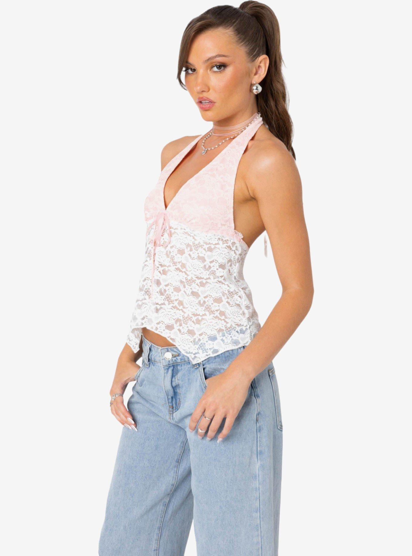 Edikted Esme Sheer Lace Halter Top, BRIGHT WHITE, alternate