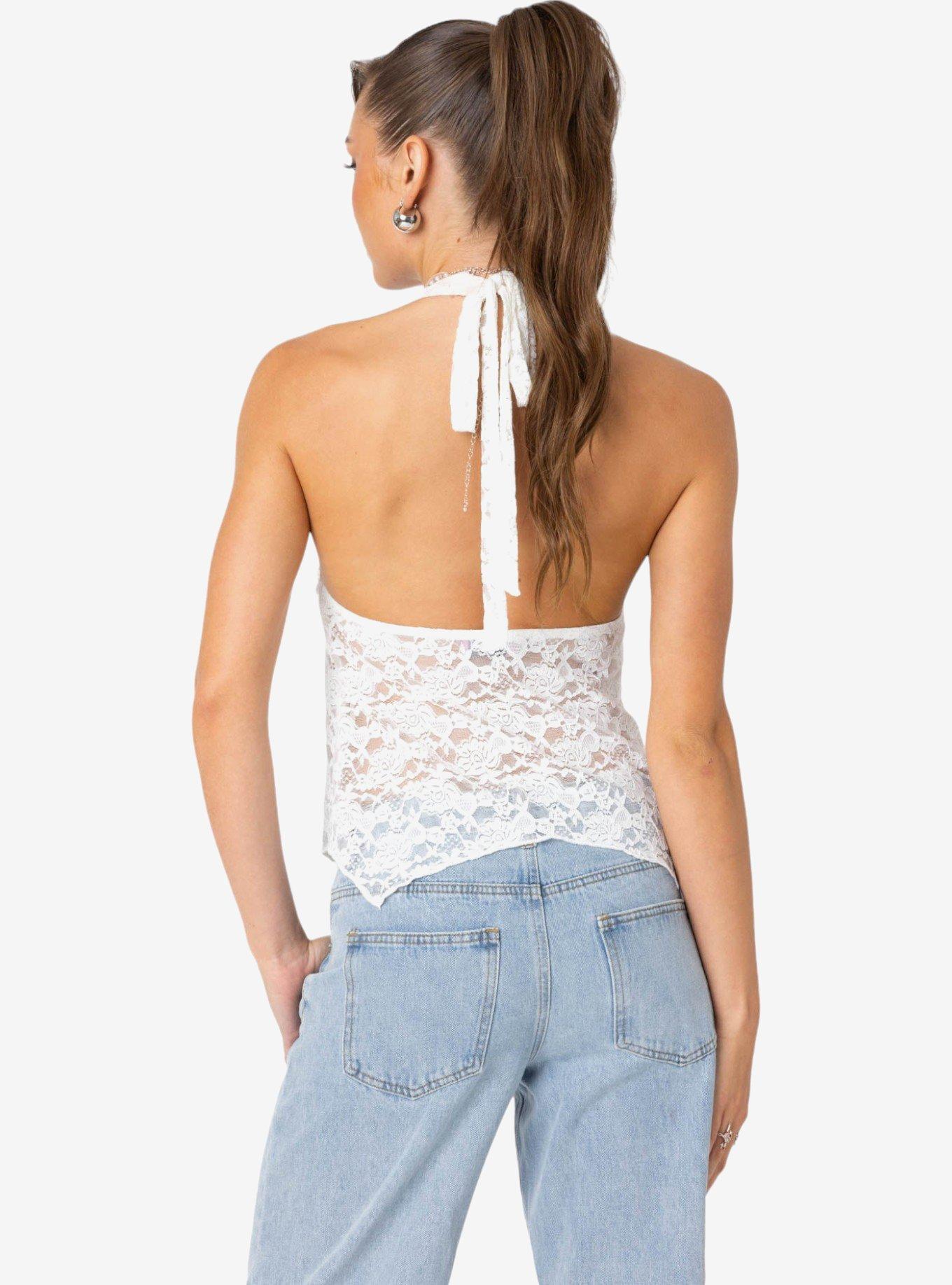 Edikted Esme Sheer Lace Halter Top, BRIGHT WHITE, alternate
